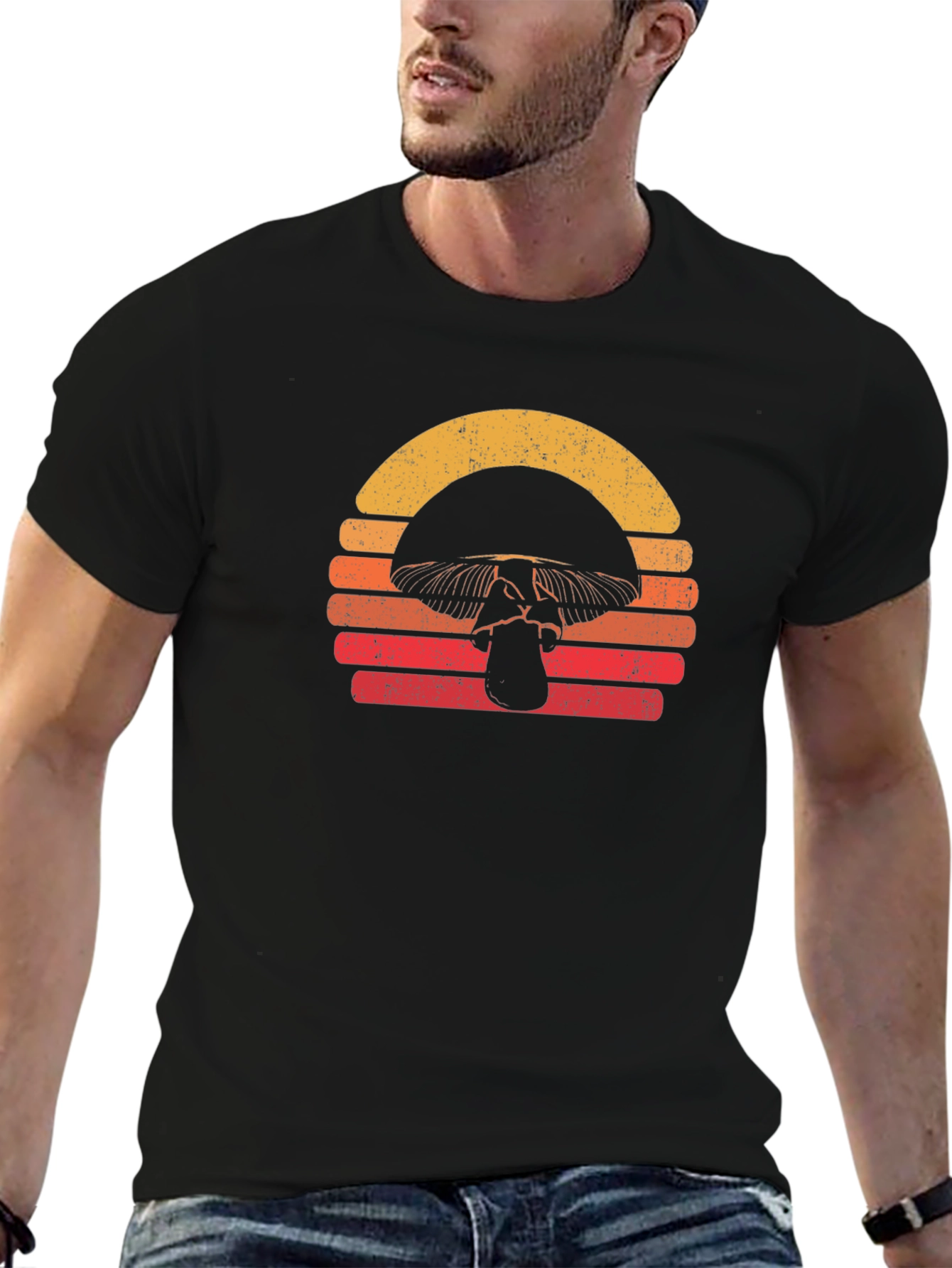 Retro Mushroom Sunset Graphic Tee - Black