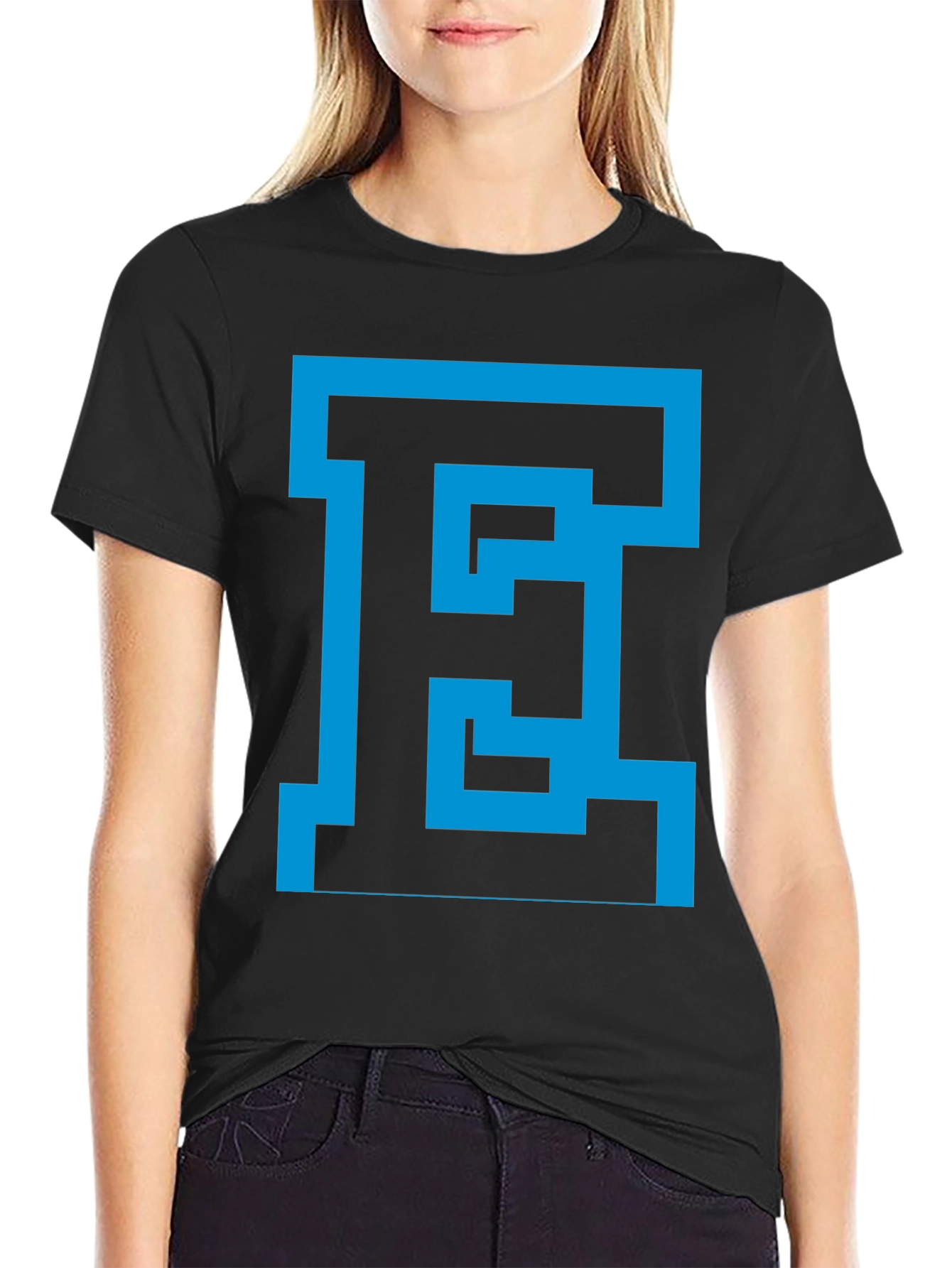 Abstract Blue E Graphic Black Tee