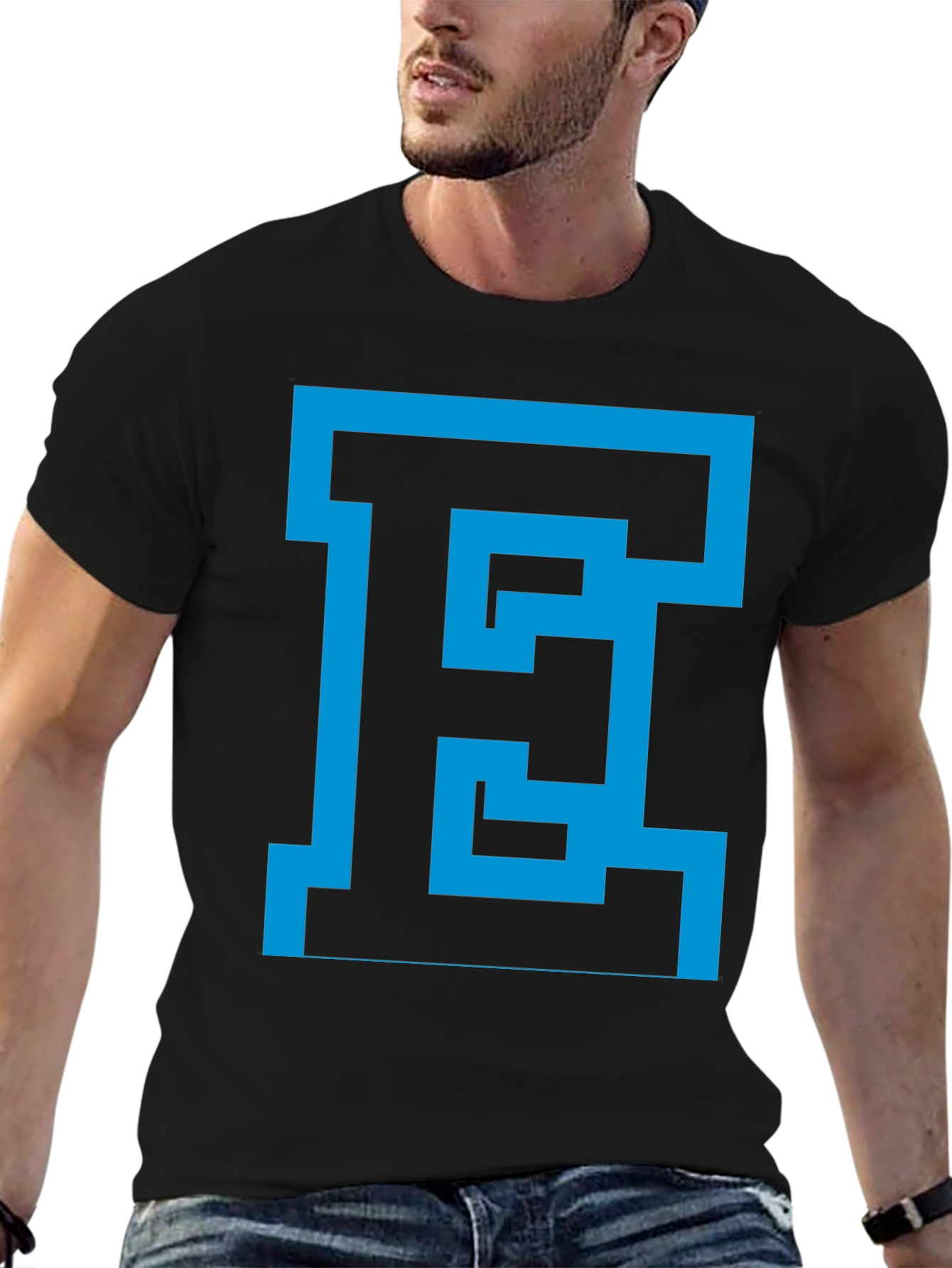 Abstract Blue E Graphic Black Tee