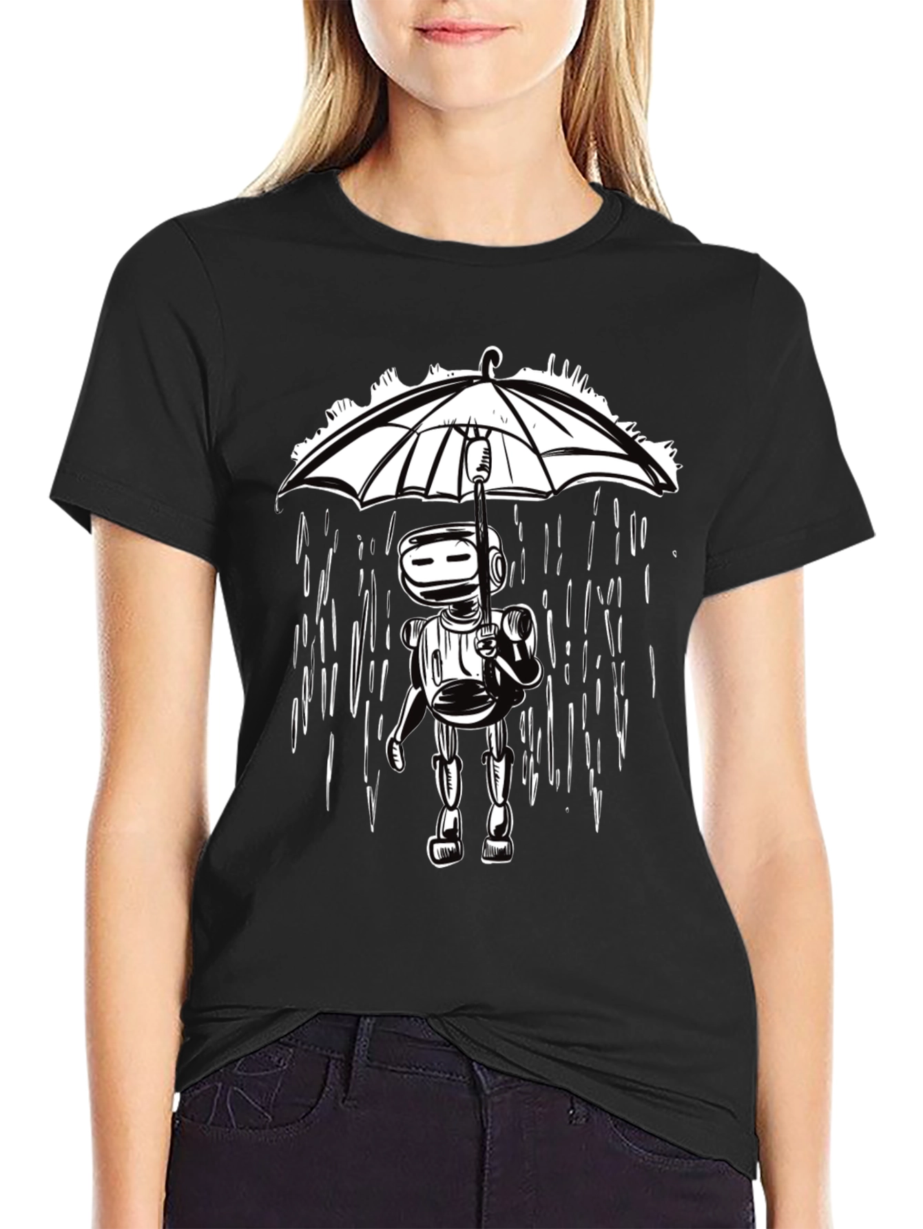 Robot Under Umbrella Graphic Tee