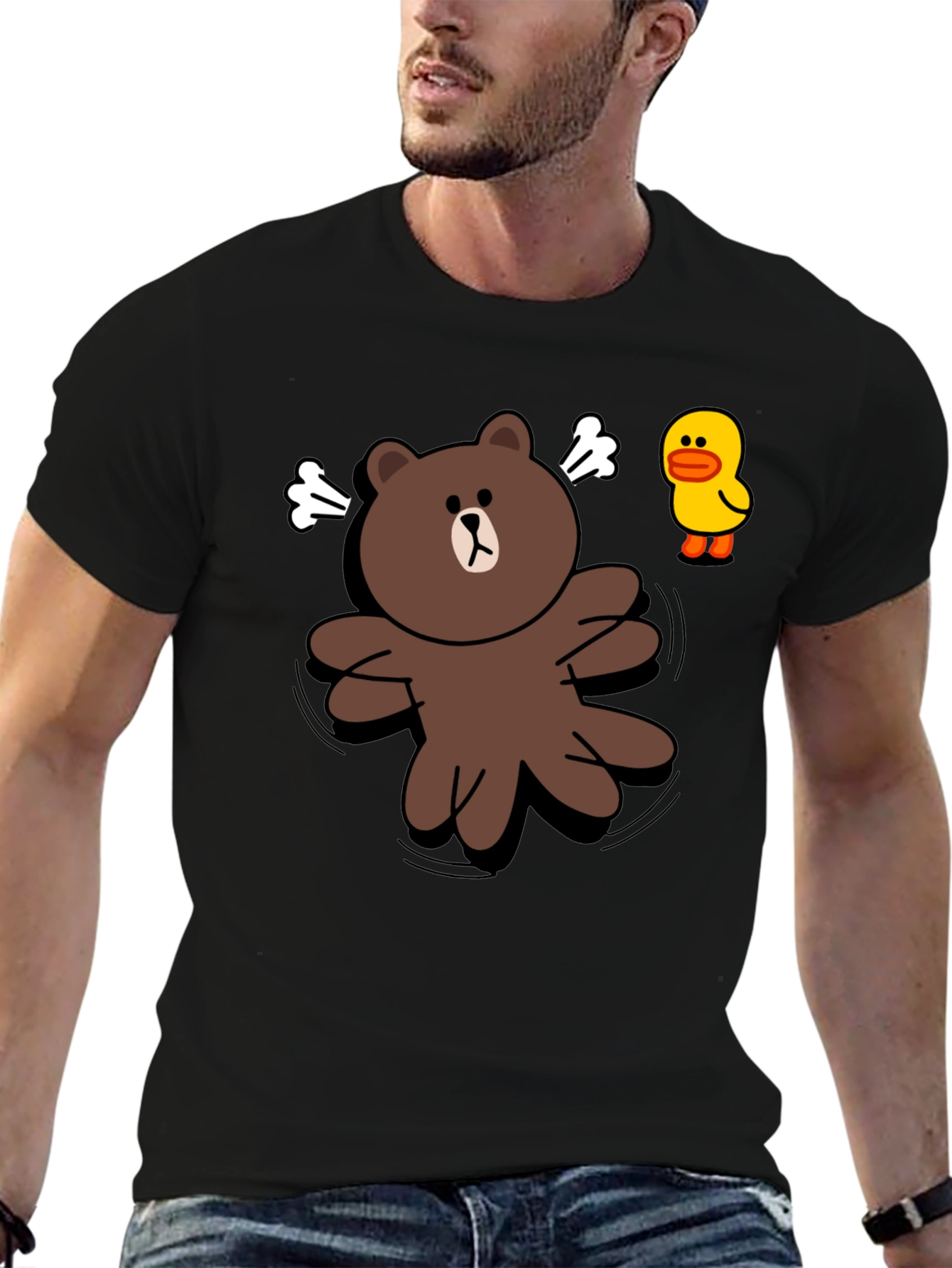 Cartoon Bear & Duck Graphic Black T-Shirt