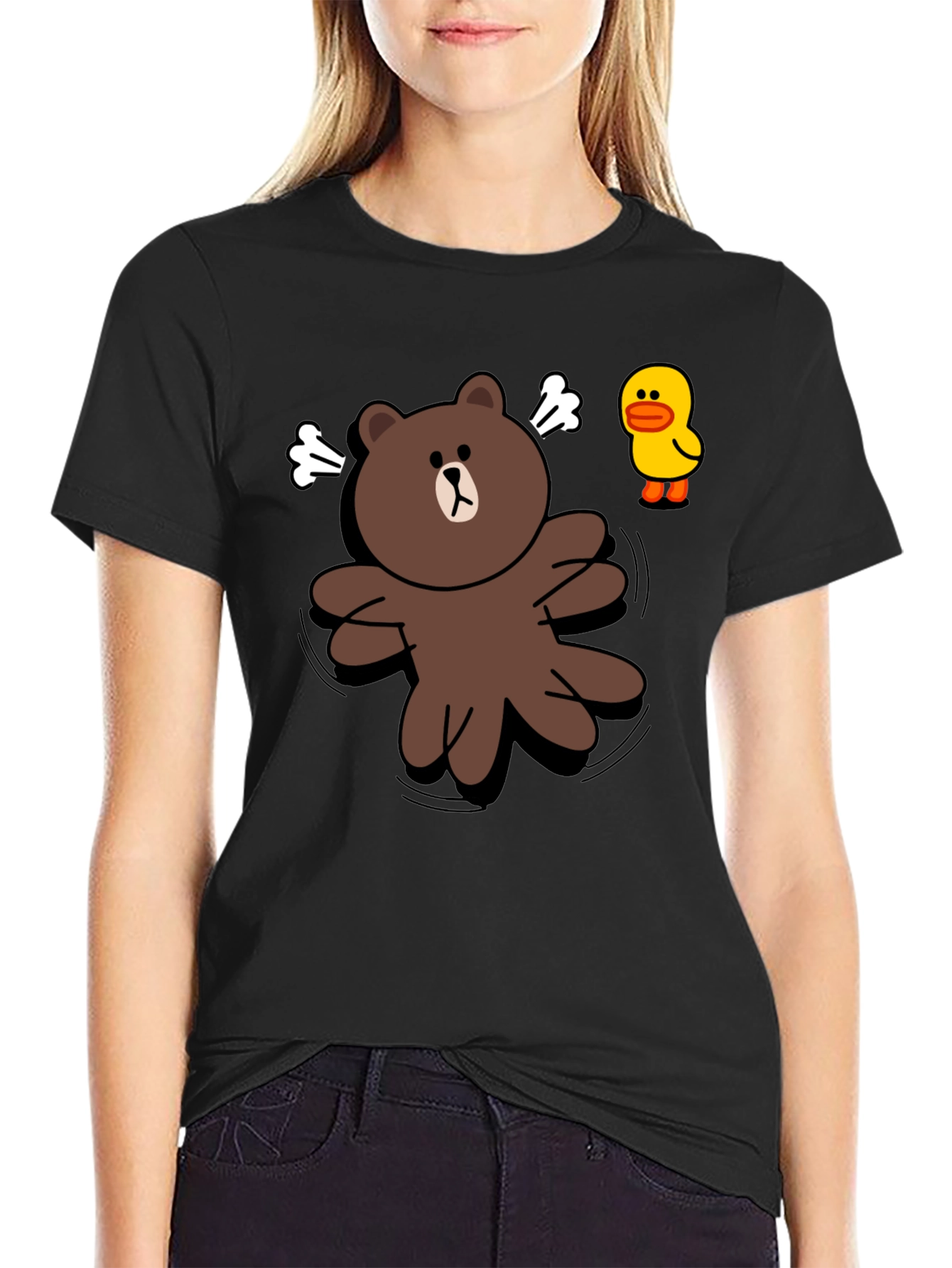 Cartoon Bear & Duck Graphic Black T-Shirt