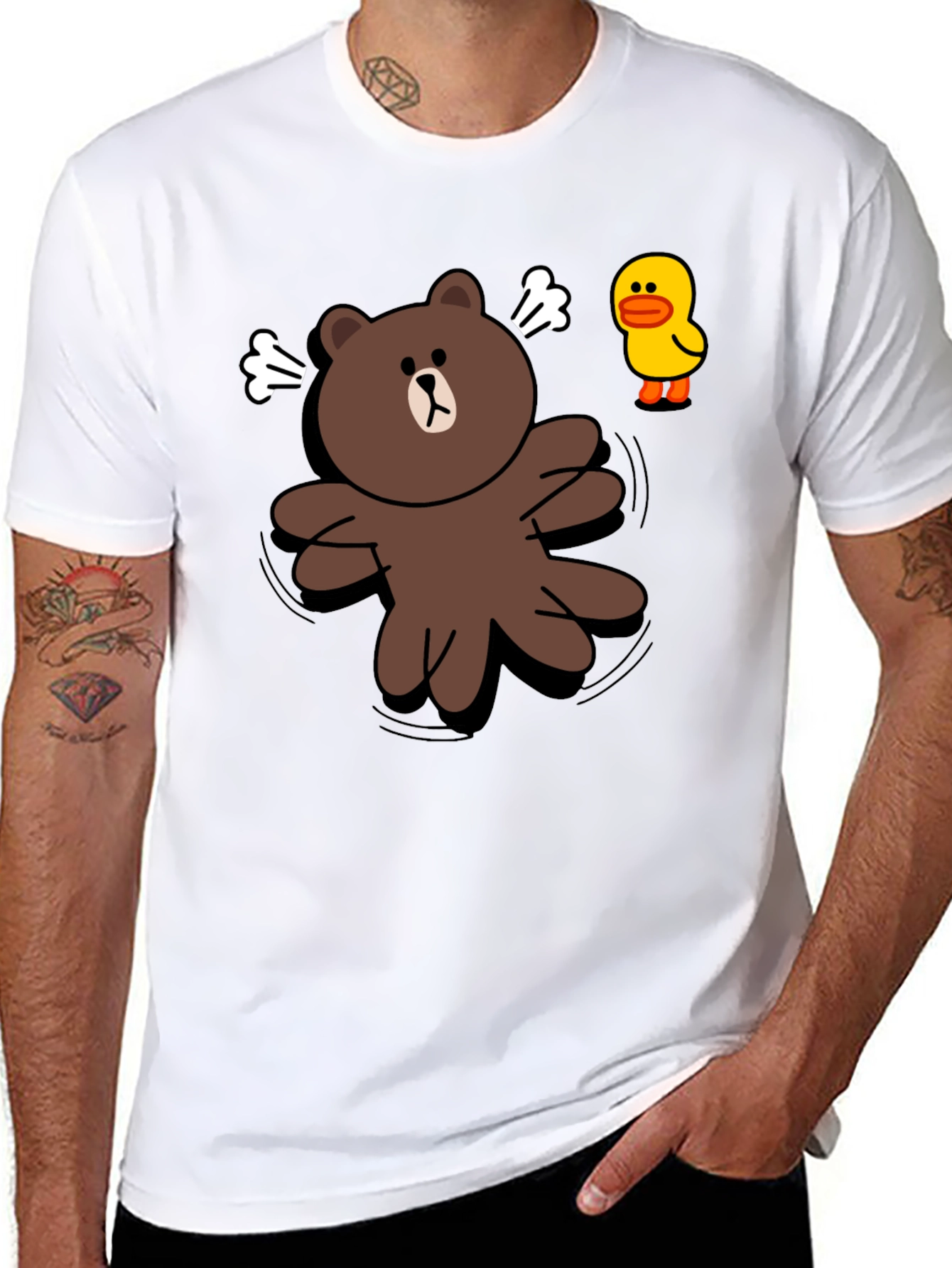 Cartoon Bear & Duck Graphic Black T-Shirt