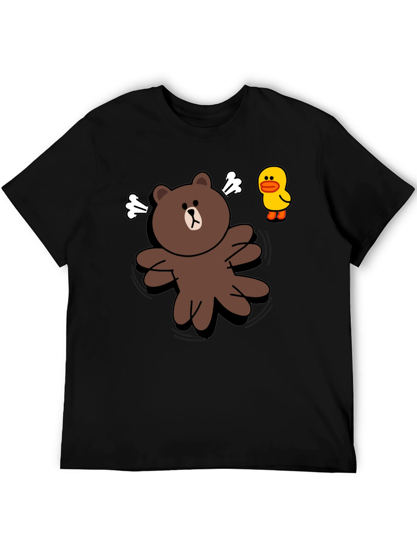 Cartoon Bear & Duck Graphic Black T-Shirt