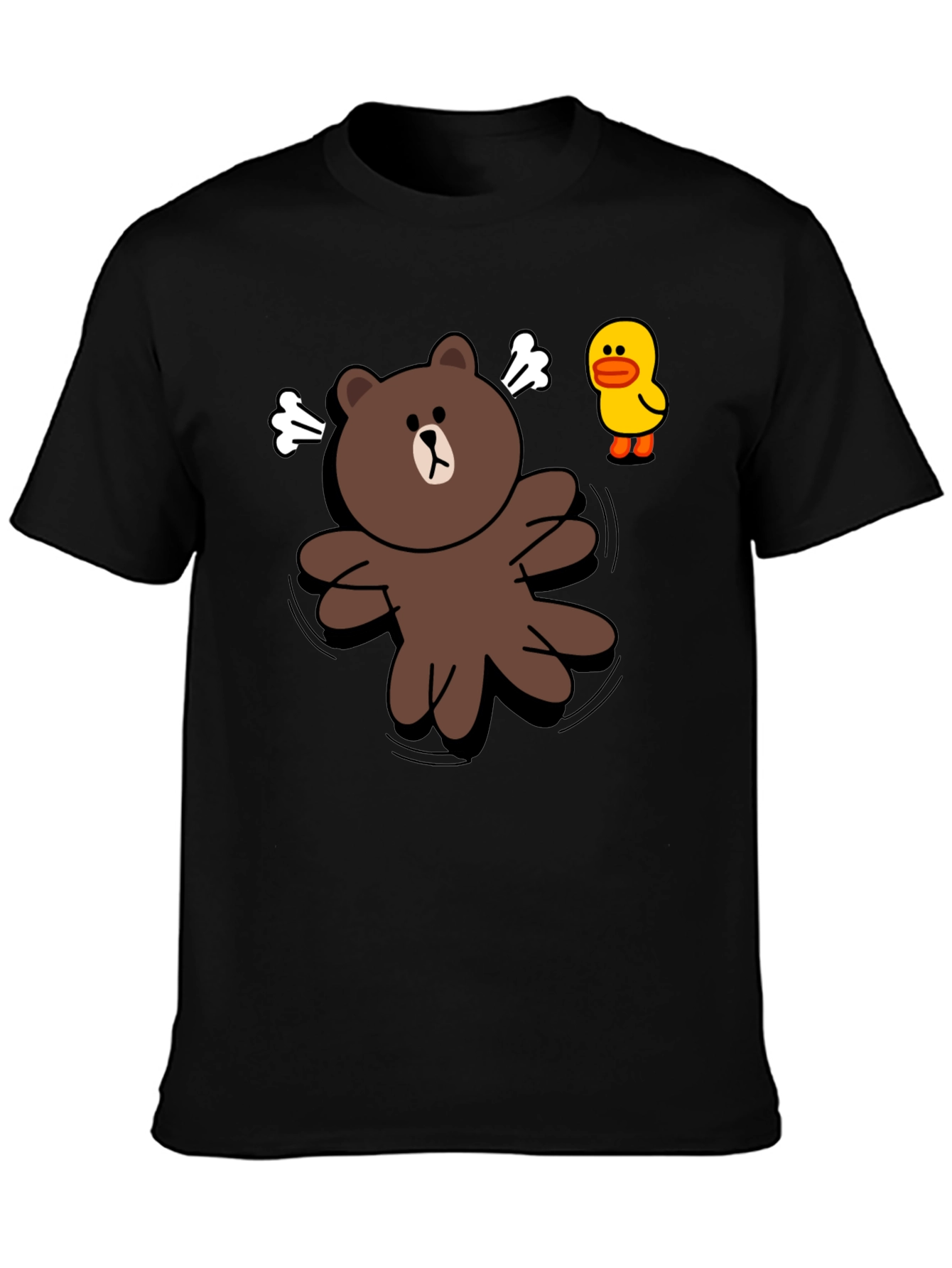 Cartoon Bear & Duck Graphic Black T-Shirt
