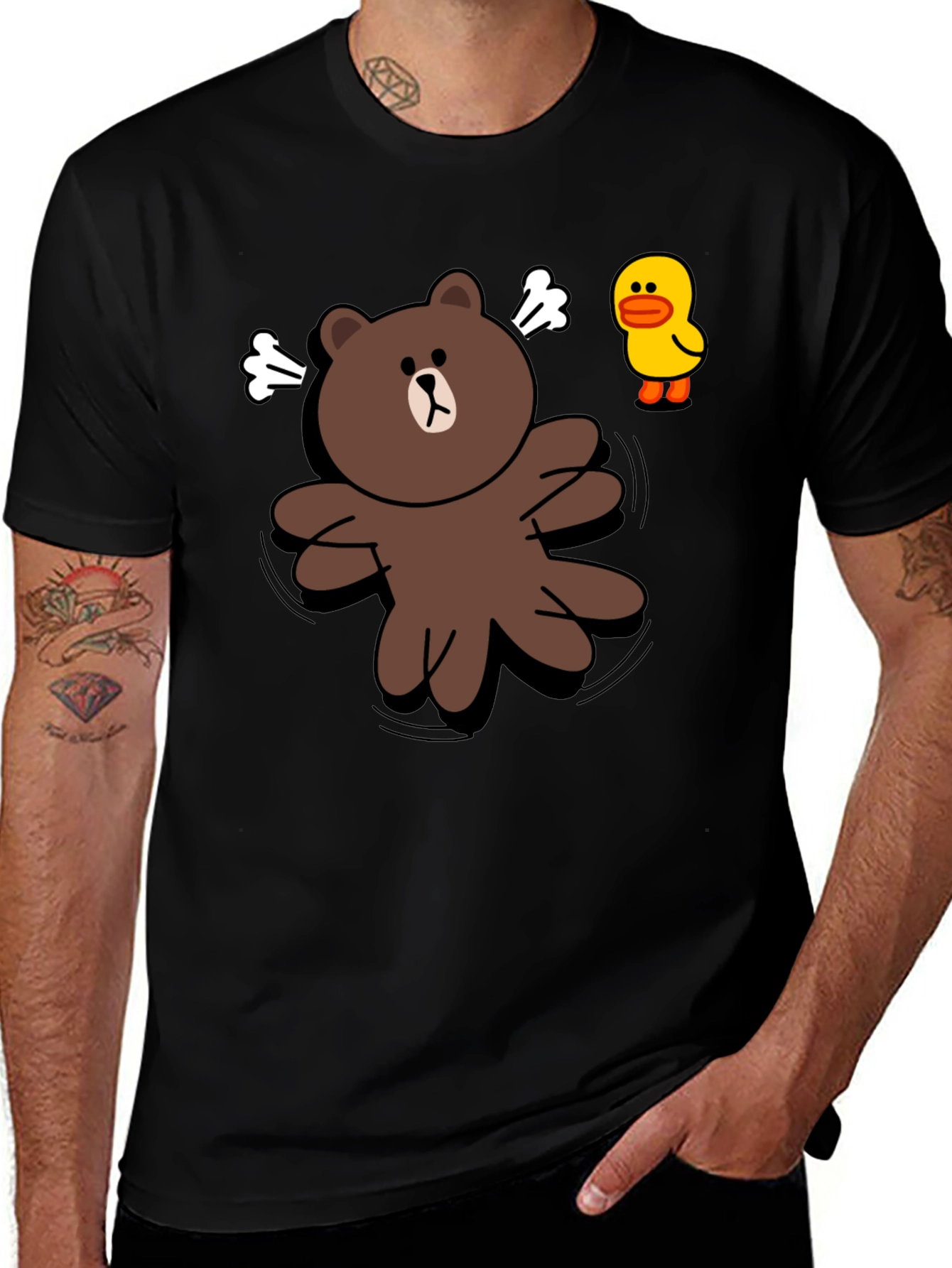 Cartoon Bear & Duck Graphic Black T-Shirt