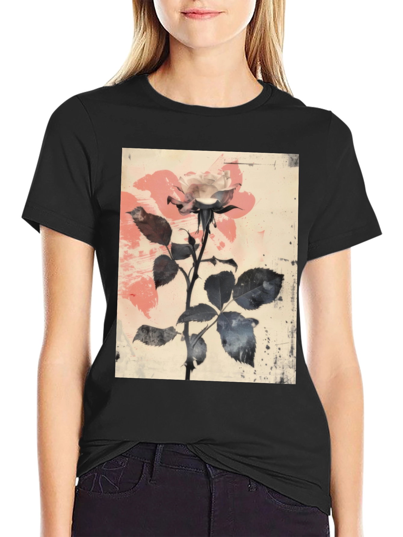 Floral Rose Graphic Tee - Black