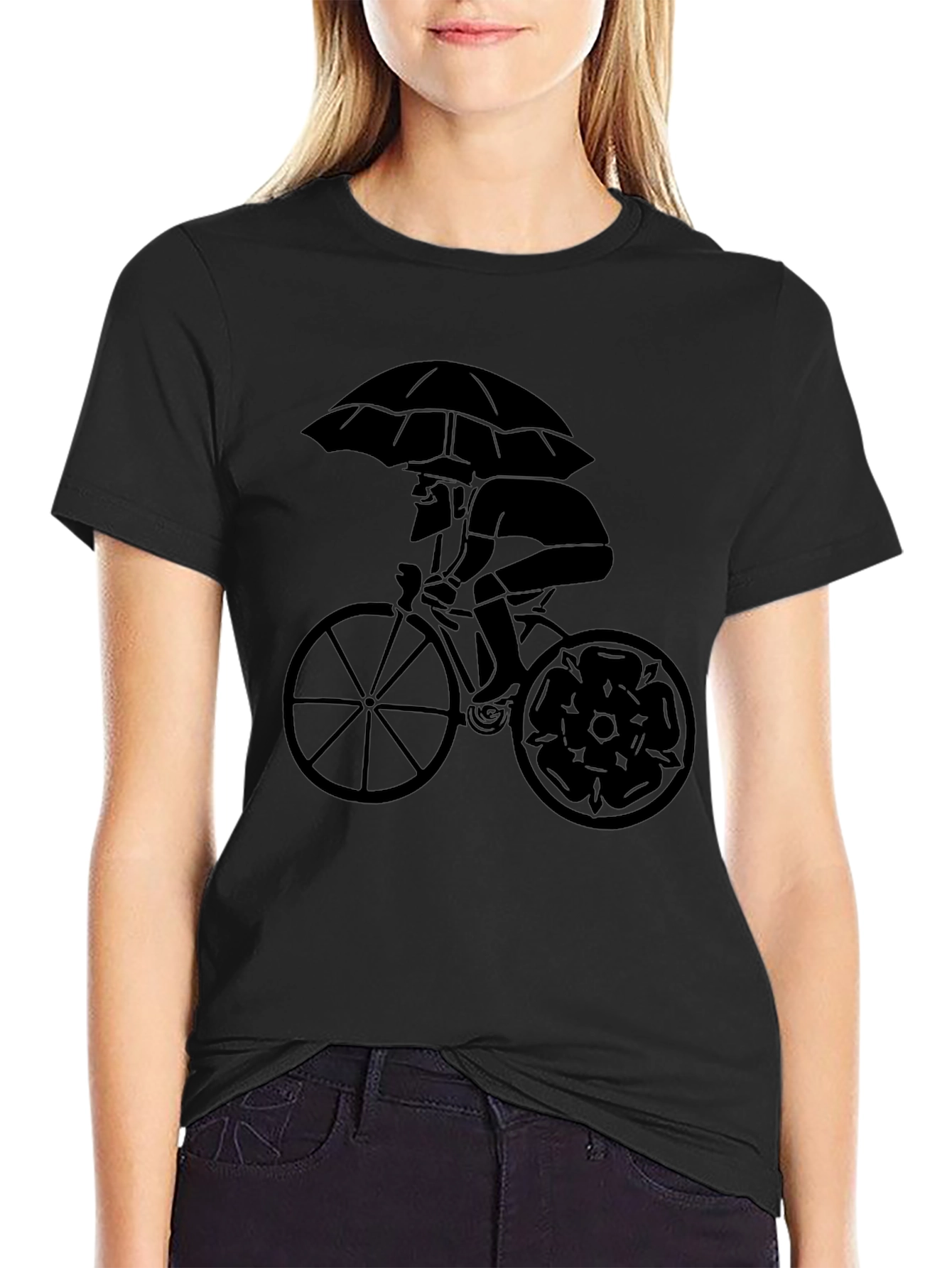 Stylish Cyclist Umbrella Graphic Tee - Black