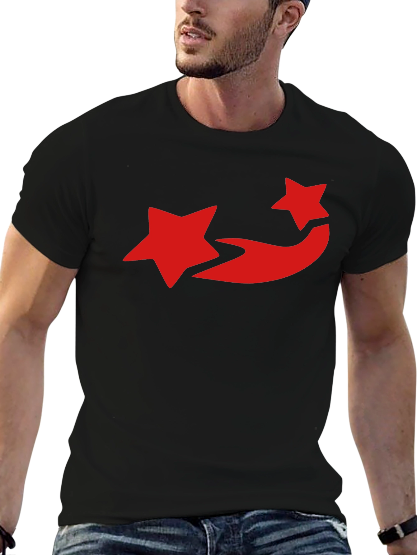 Black T-Shirt with Red Star Trail Design