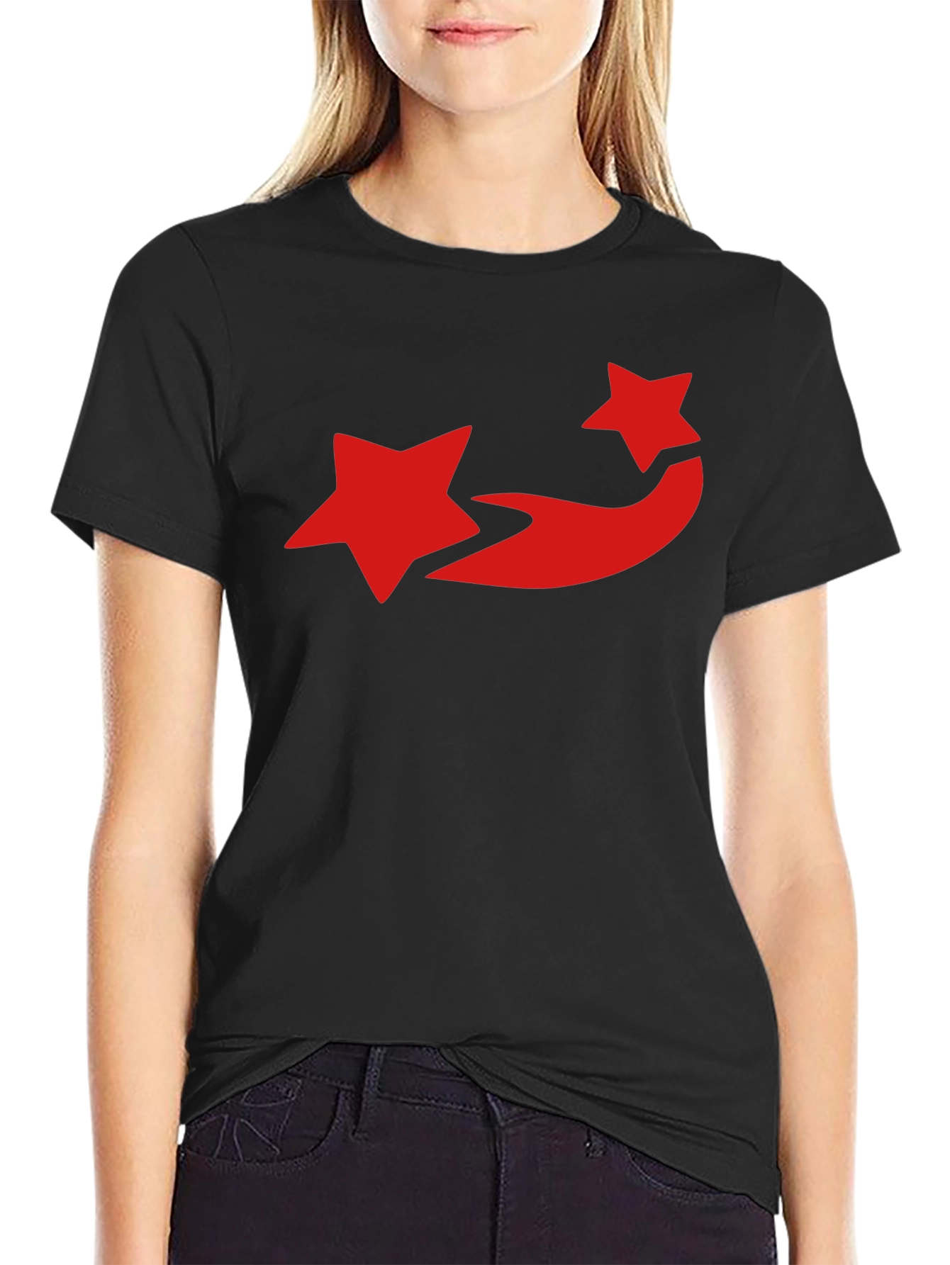 Black T-Shirt with Red Star Trail Design