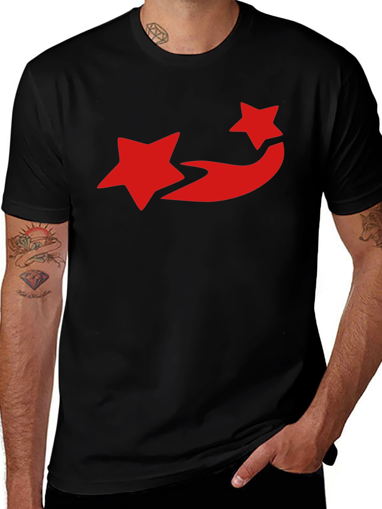 Black T-Shirt with Red Star Trail Design