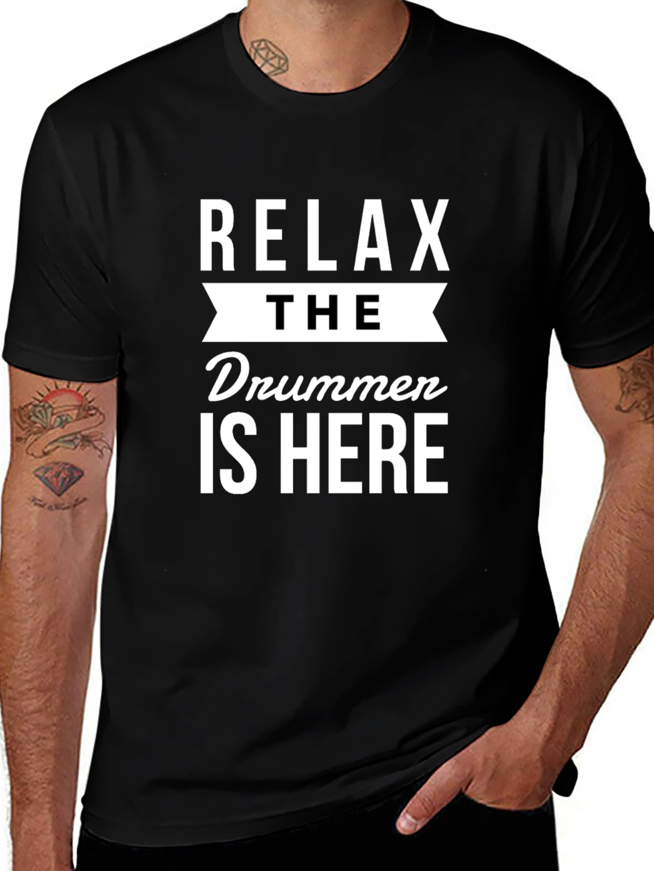 Relax The Drummer is Here Graphic Tee - Black
