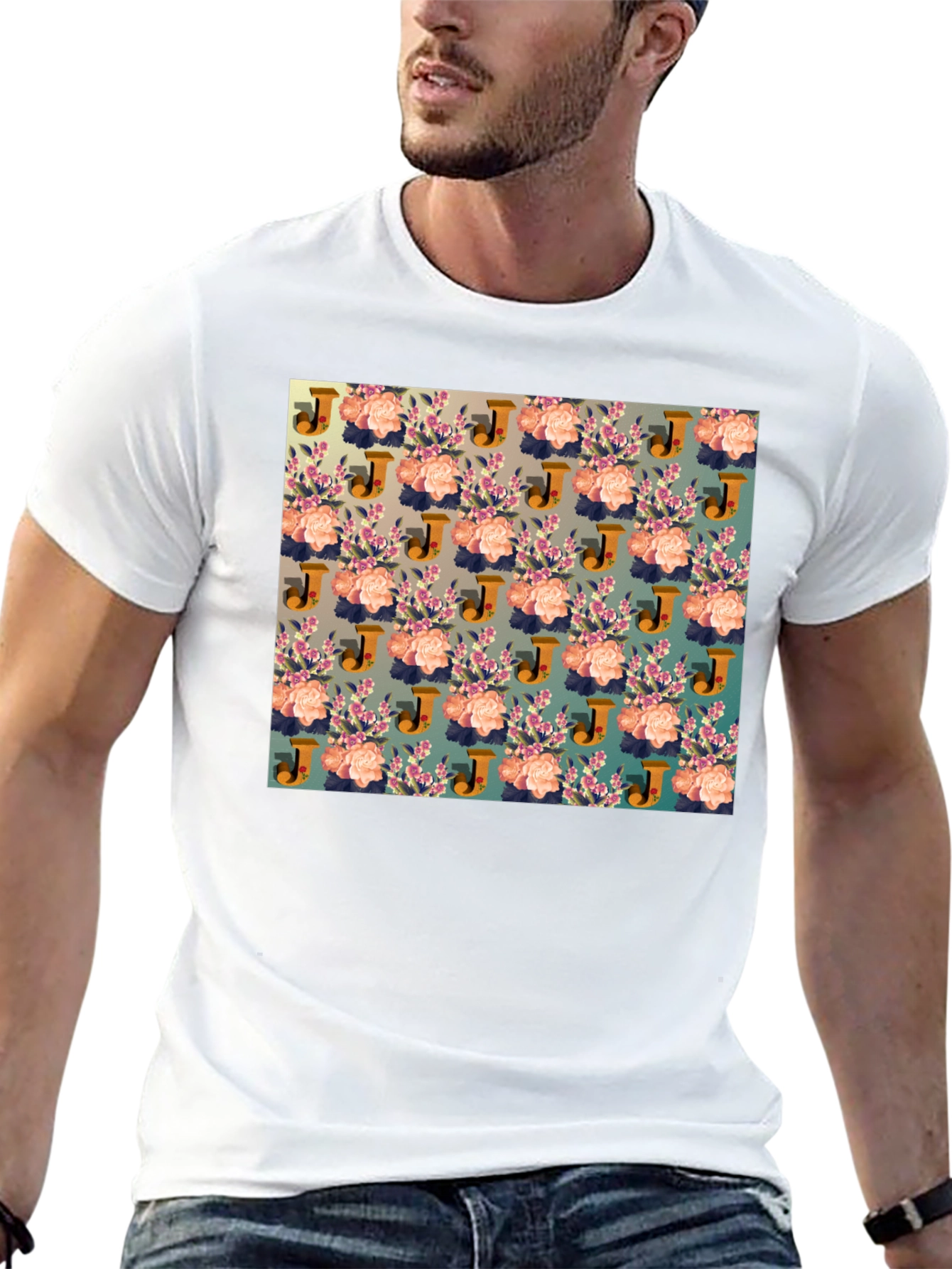 Floral J Patterned Black T-Shirt