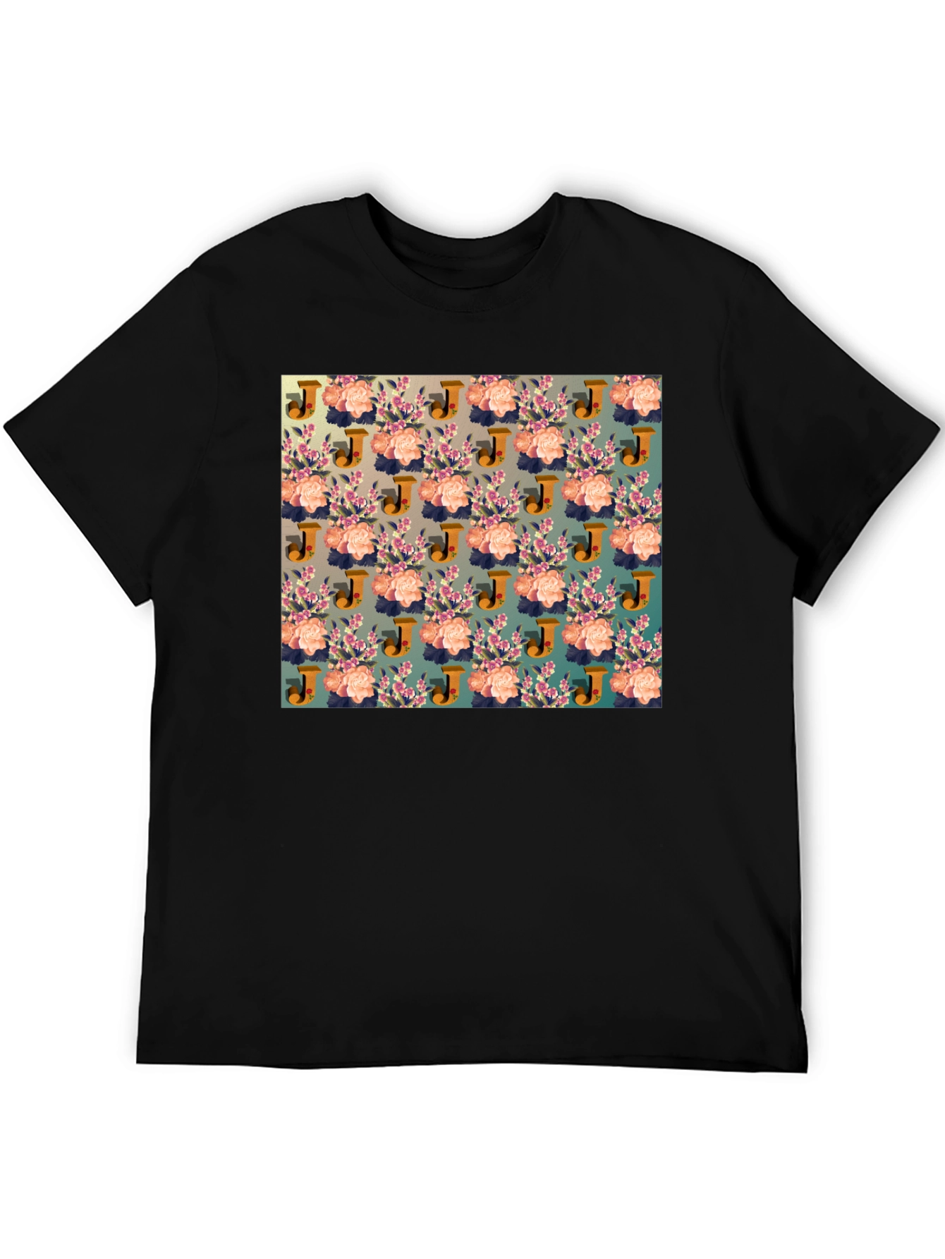 Floral J Patterned Black T-Shirt