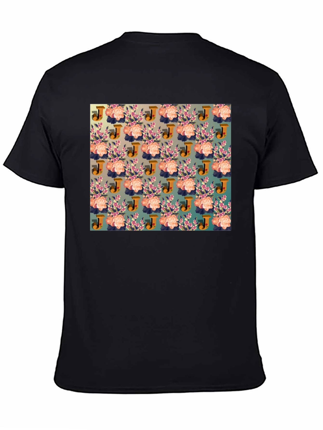 Floral J Patterned Black T-Shirt