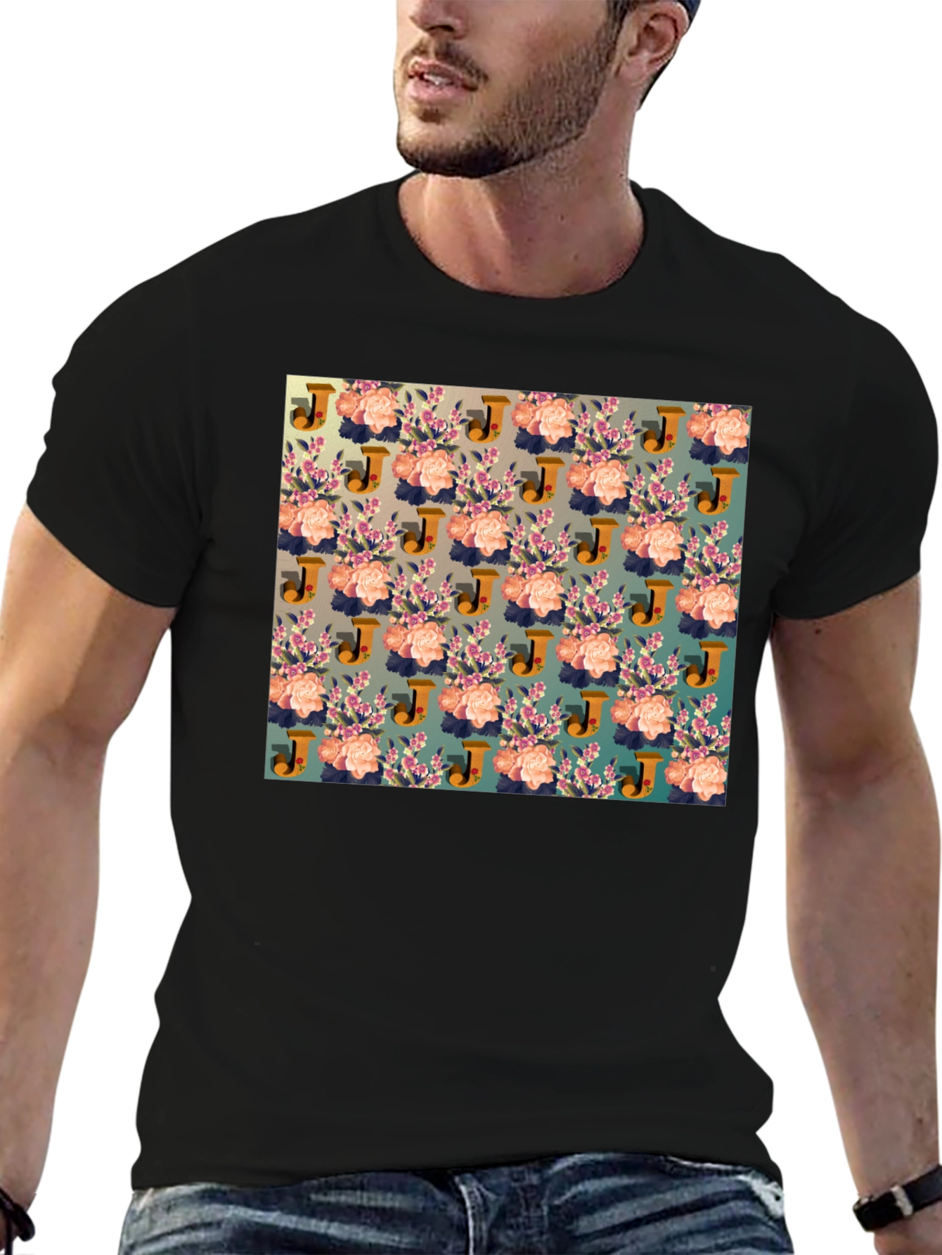 Floral J Patterned Black T-Shirt
