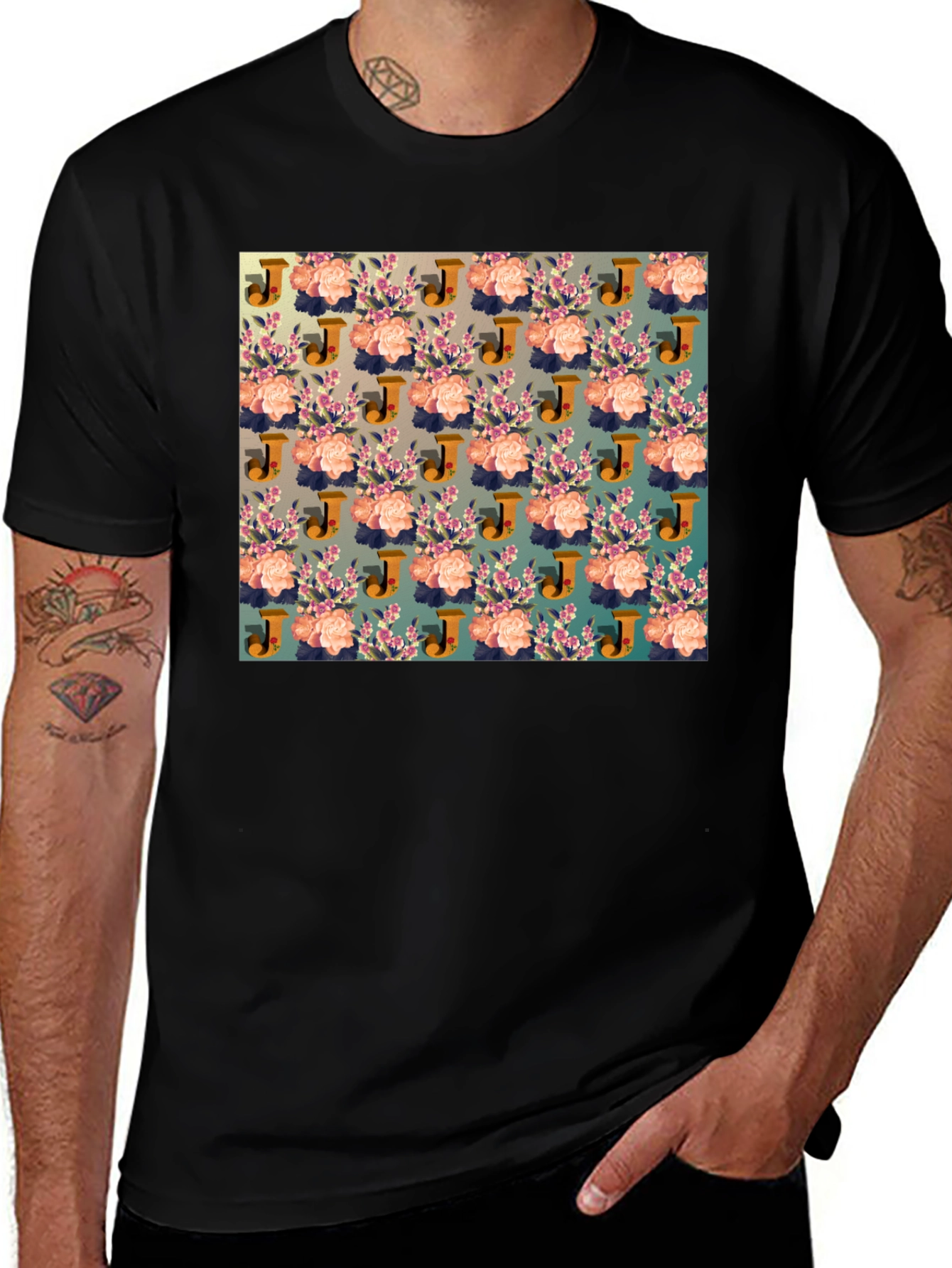 Floral J Patterned Black T-Shirt