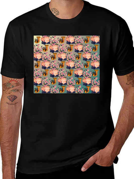 Floral J Patterned Black T-Shirt