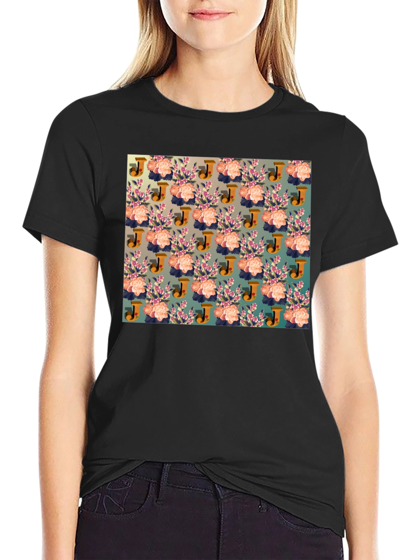 Floral J Patterned Black T-Shirt