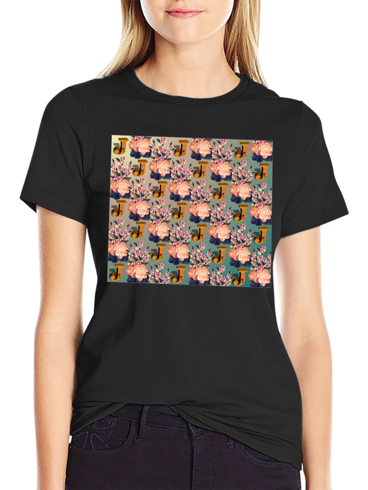 Floral J Patterned Black T-Shirt