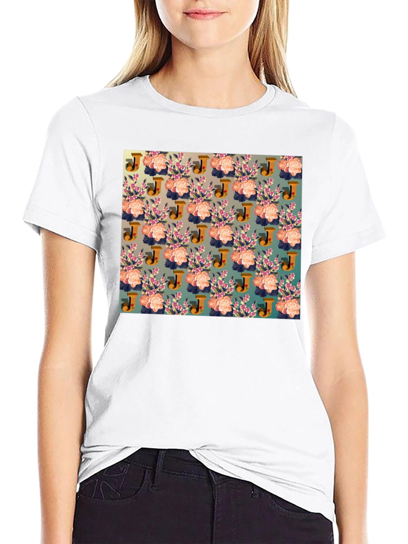 Floral J Patterned Black T-Shirt