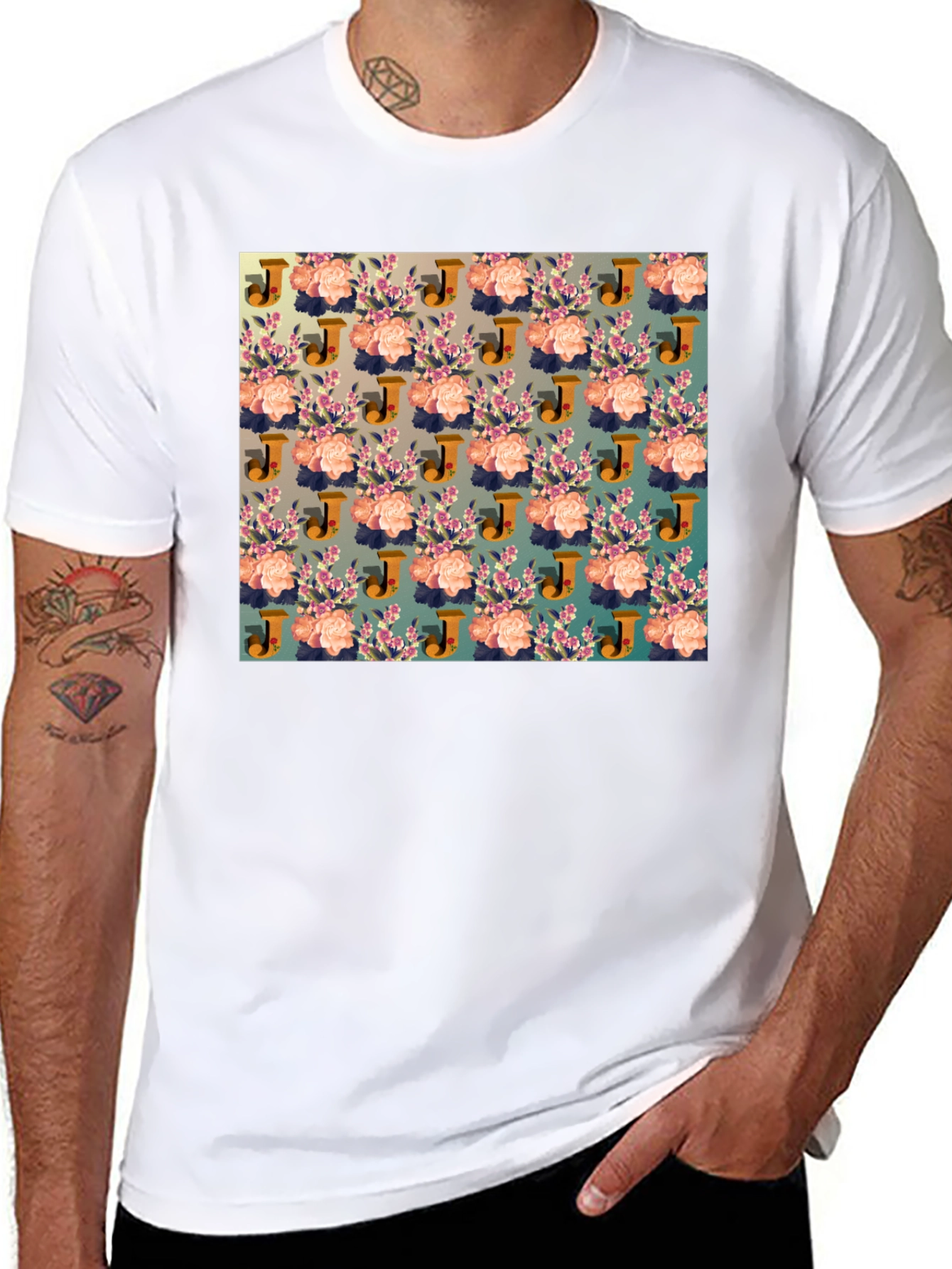 Floral J Patterned Black T-Shirt