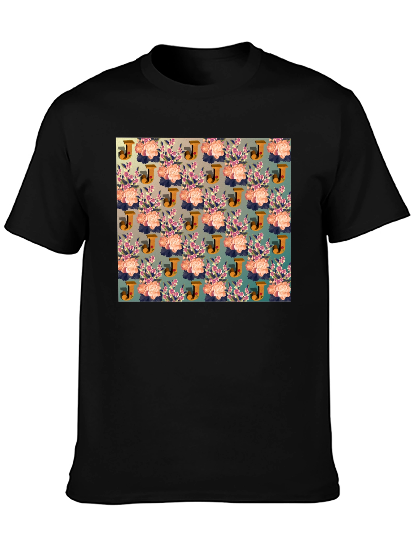 Floral J Patterned Black T-Shirt