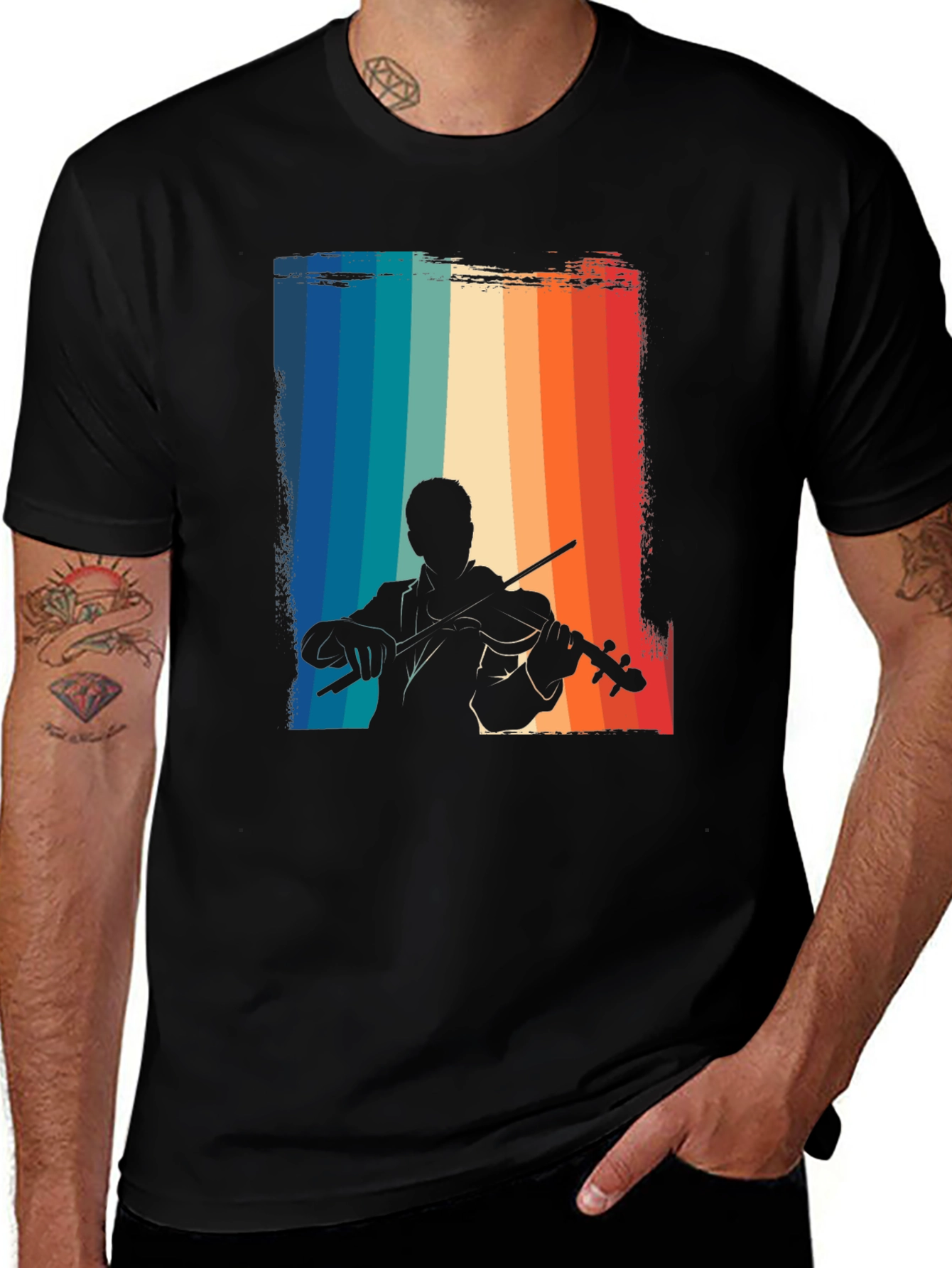 Retro Violinist Graphic Tee - Black Cotton T-Shirt