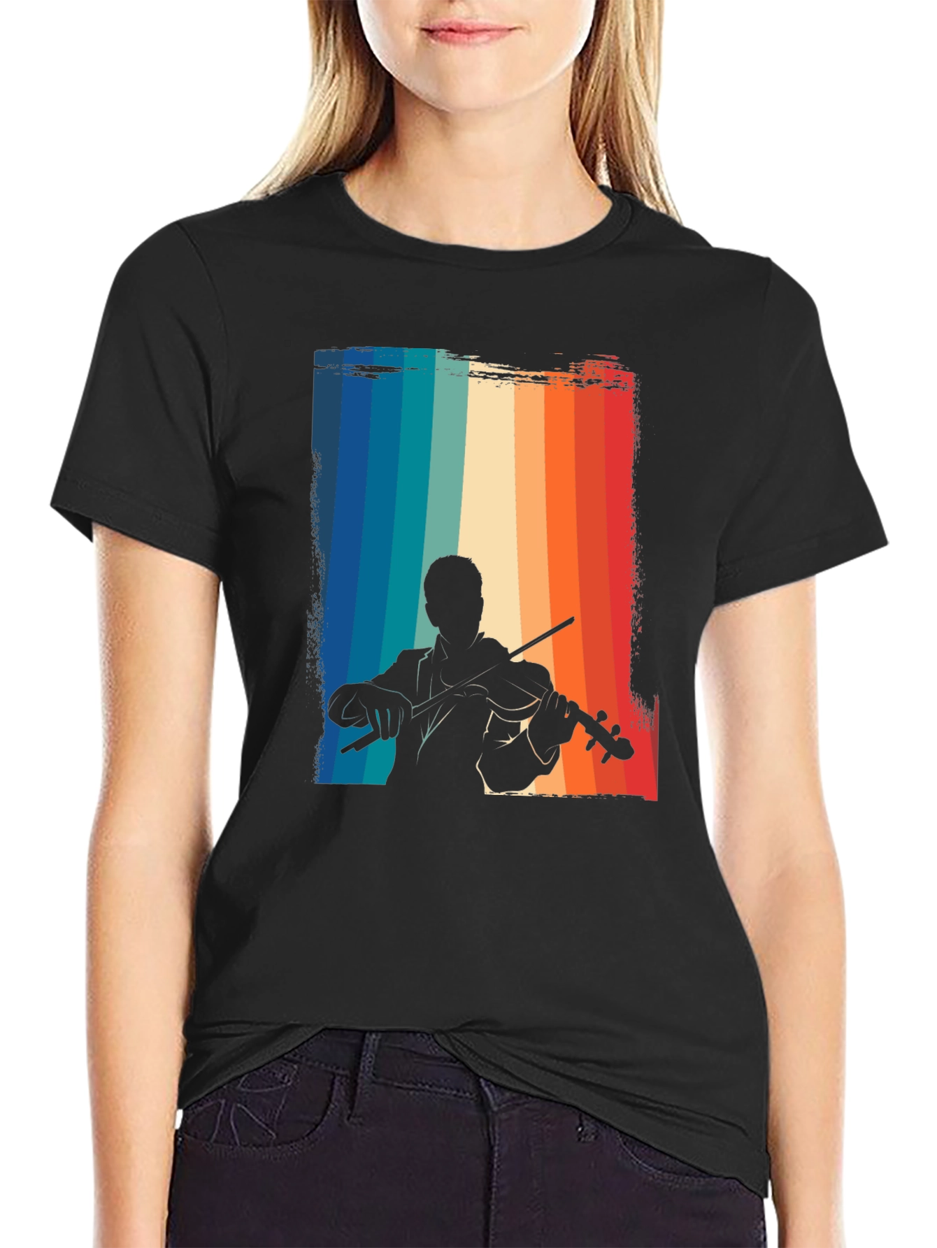 Retro Violinist Graphic Tee - Black Cotton T-Shirt