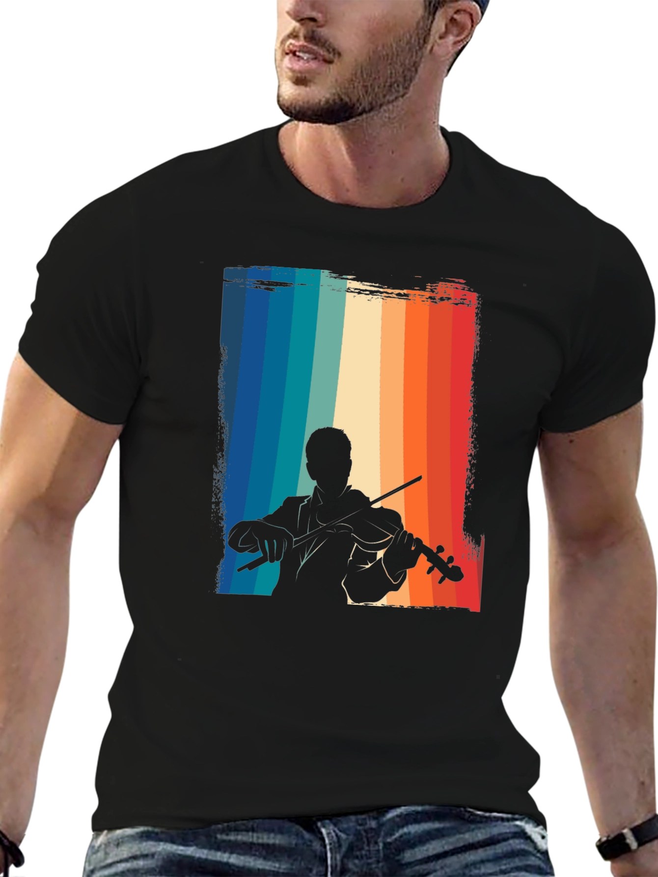 Retro Violinist Graphic Tee - Black Cotton T-Shirt
