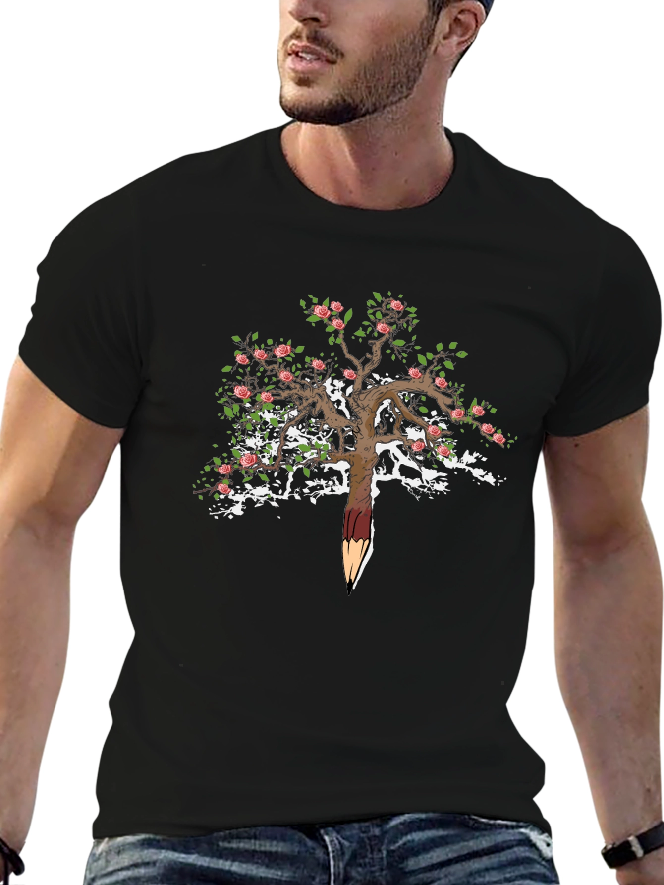 Floral Tree Pencil T-Shirt - Unique Nature Art