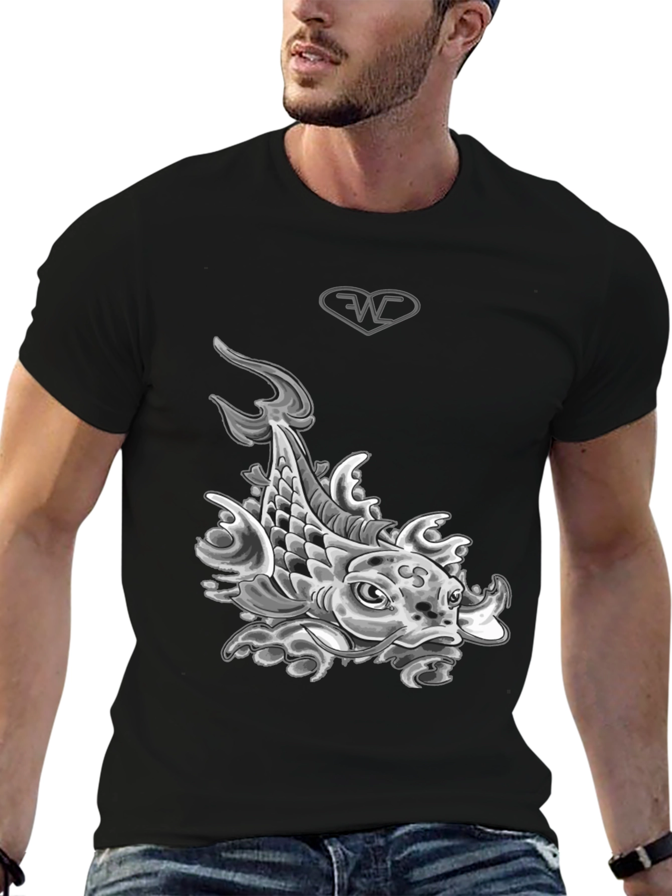 Koi Fish Graphic T-Shirt - Black Cotton Blend Tee