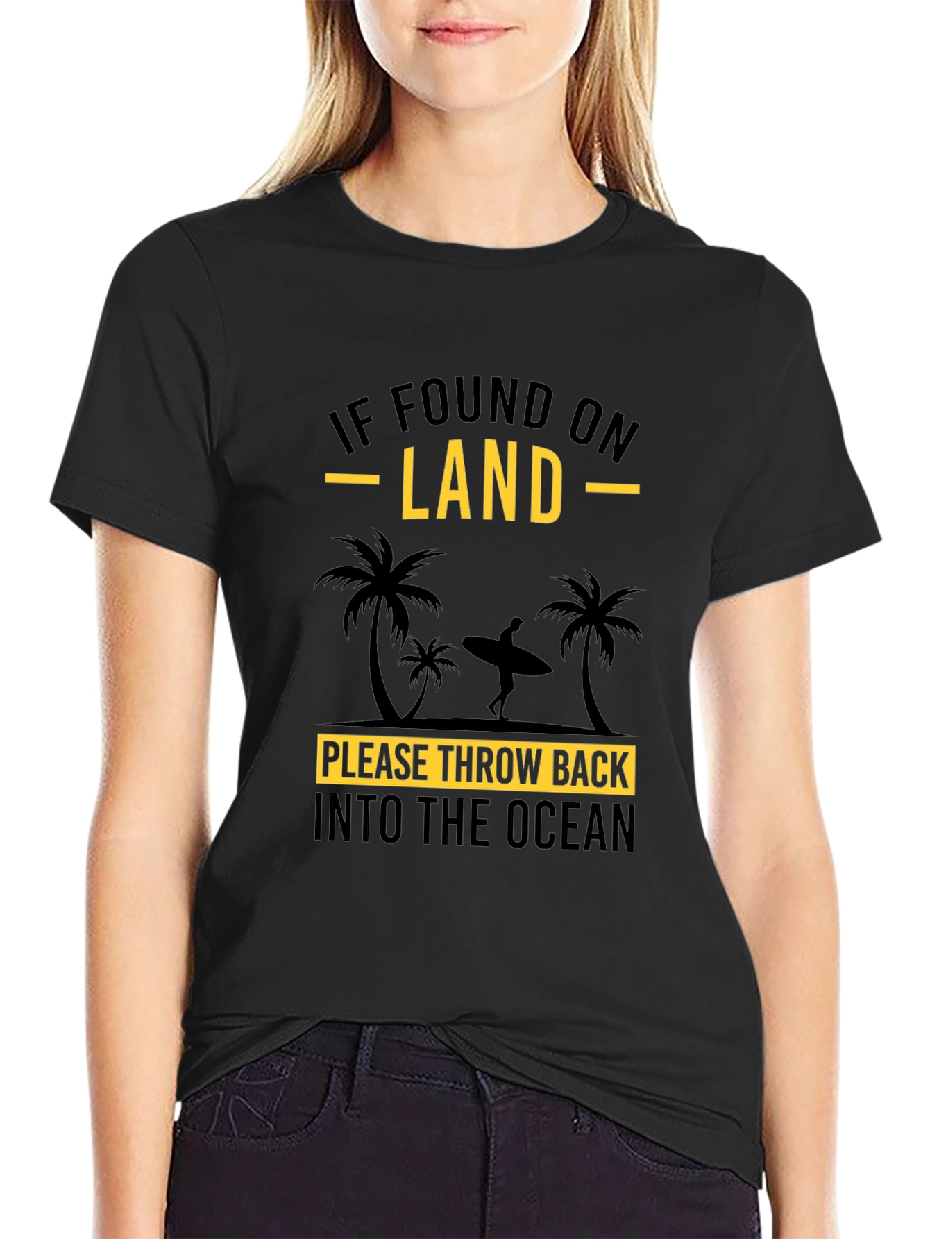 Funny Surfer Throw Back Into The Ocean Black T-Shirt