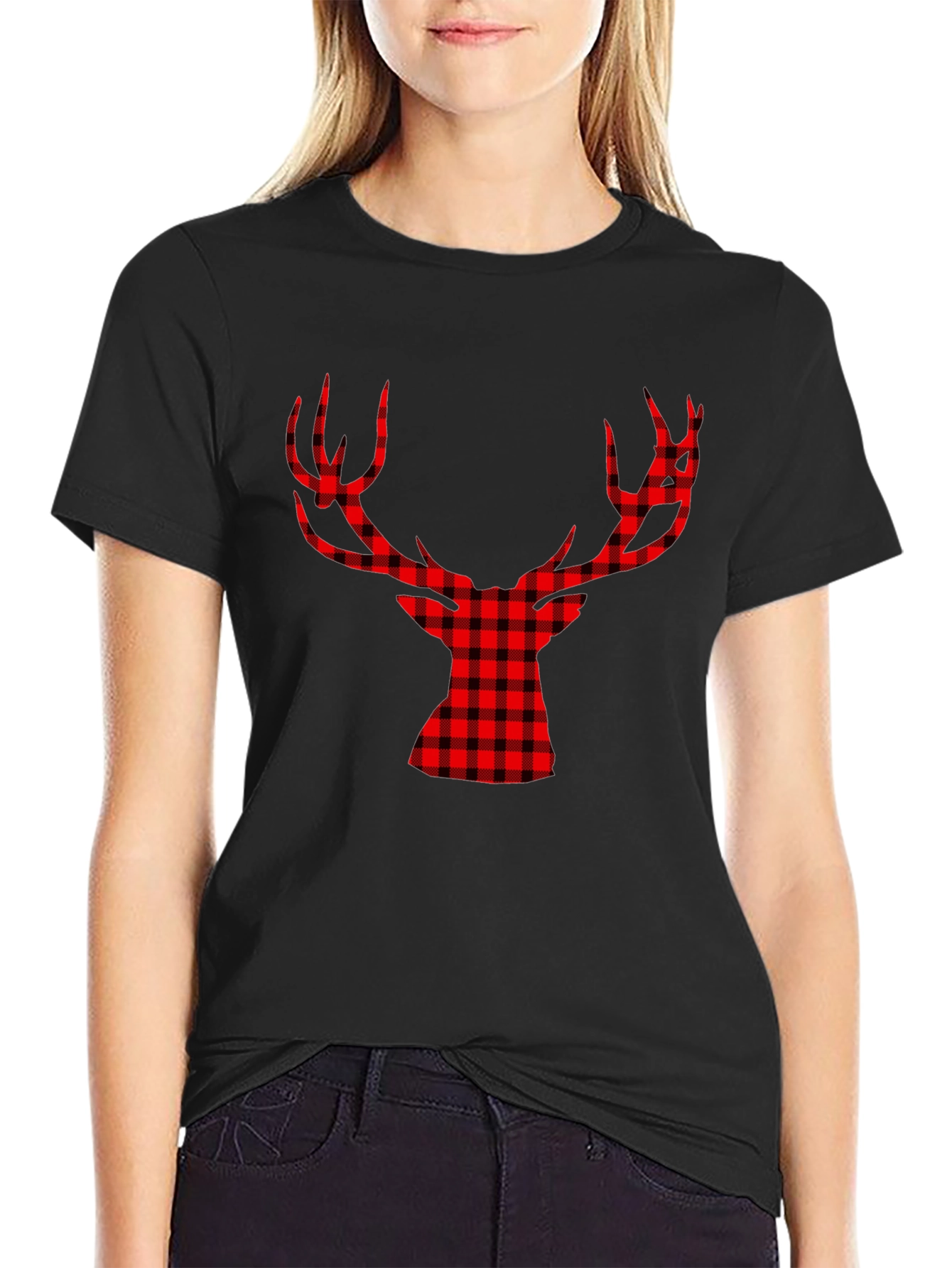 Red Plaid Deer Graphic Black T-Shirt