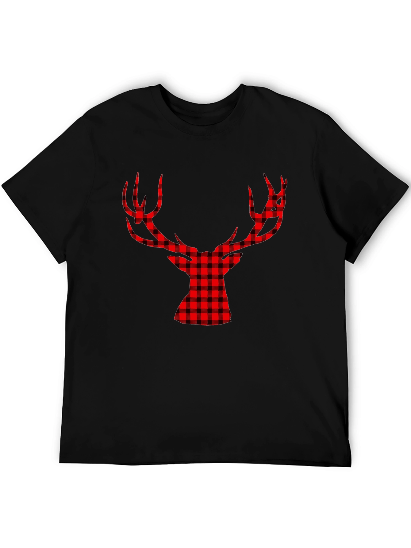 Red Plaid Deer Graphic Black T-Shirt