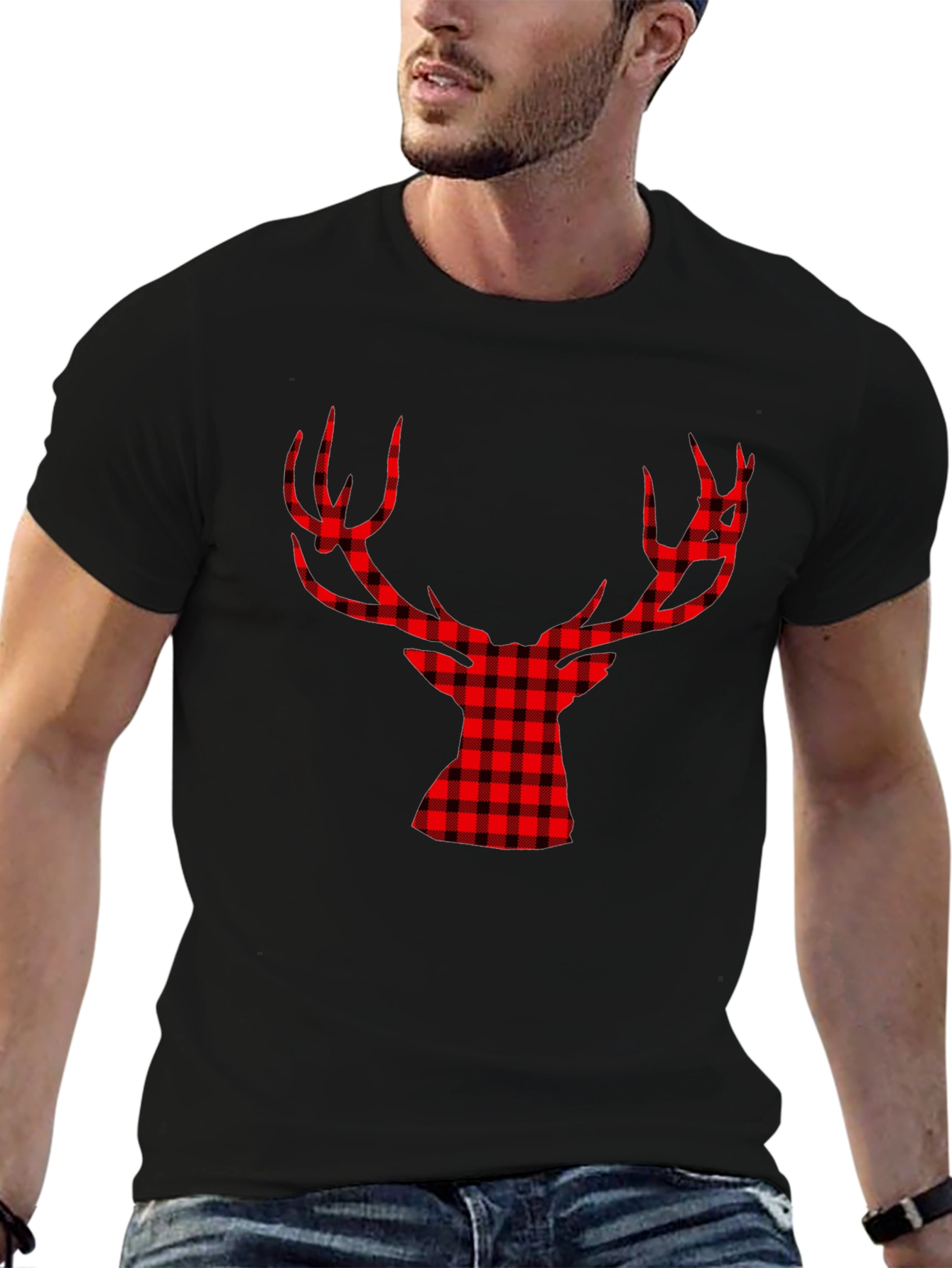 Red Plaid Deer Graphic Black T-Shirt