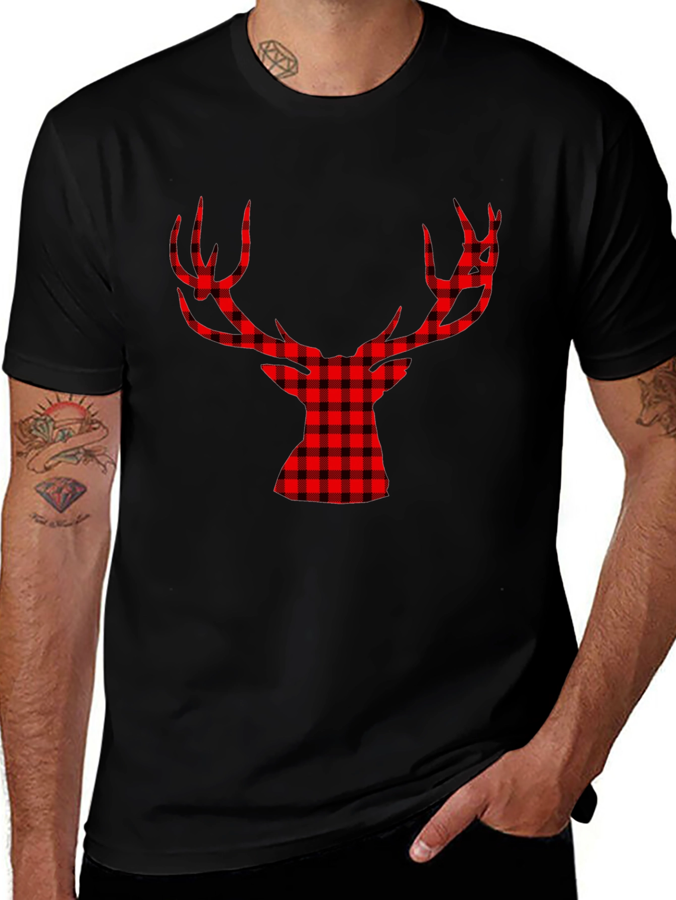 Red Plaid Deer Graphic Black T-Shirt