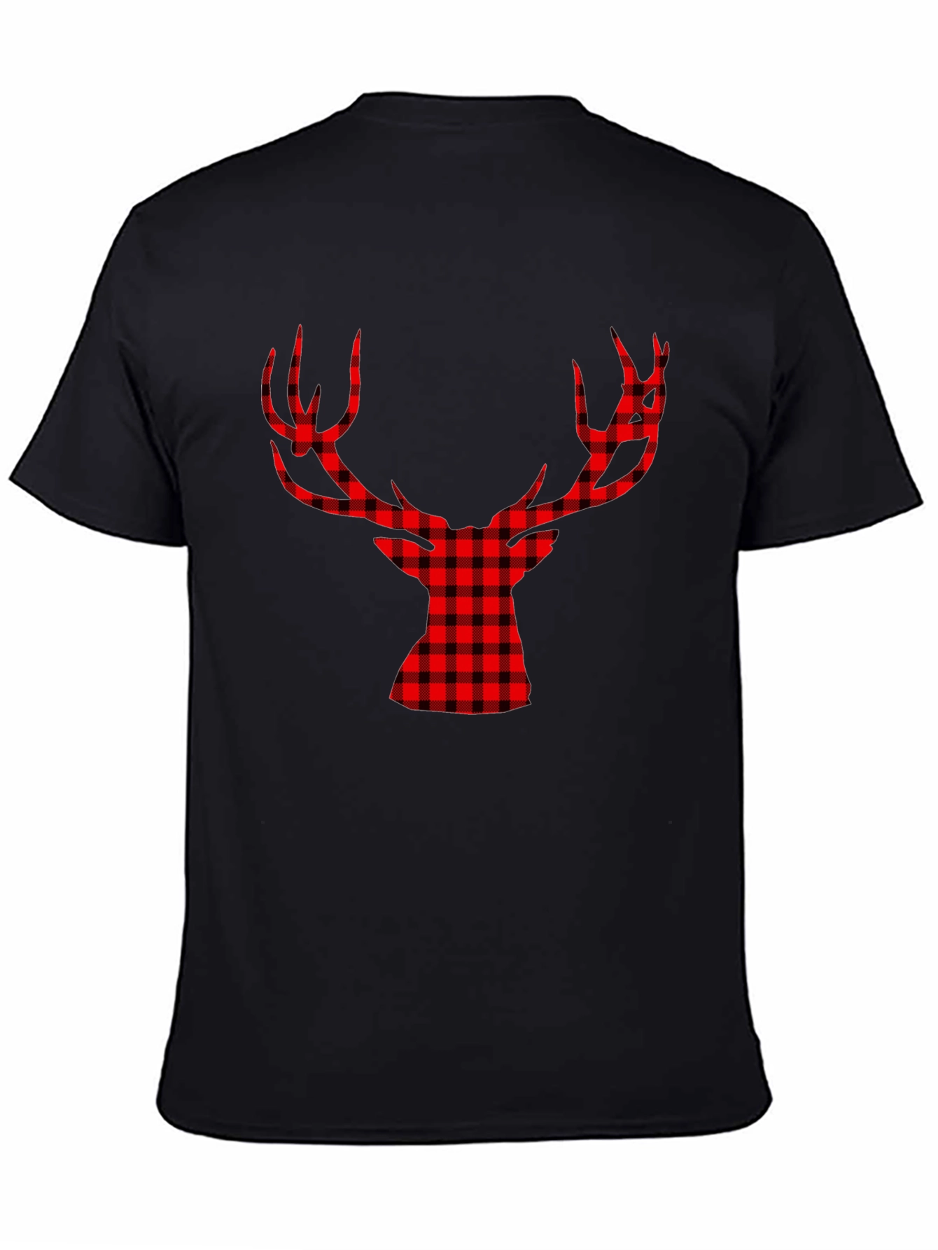 Red Plaid Deer Graphic Black T-Shirt