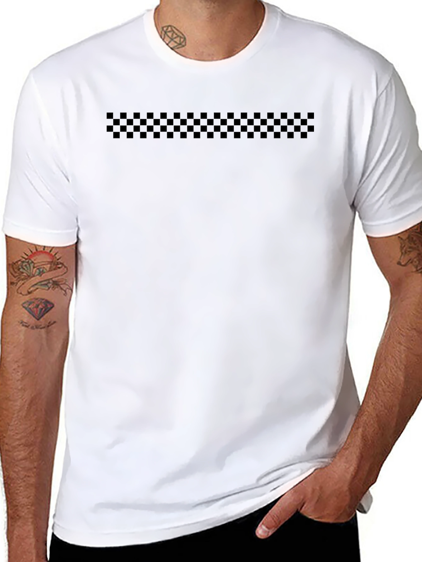 Mens Black T-Shirt with Checkered Stripe