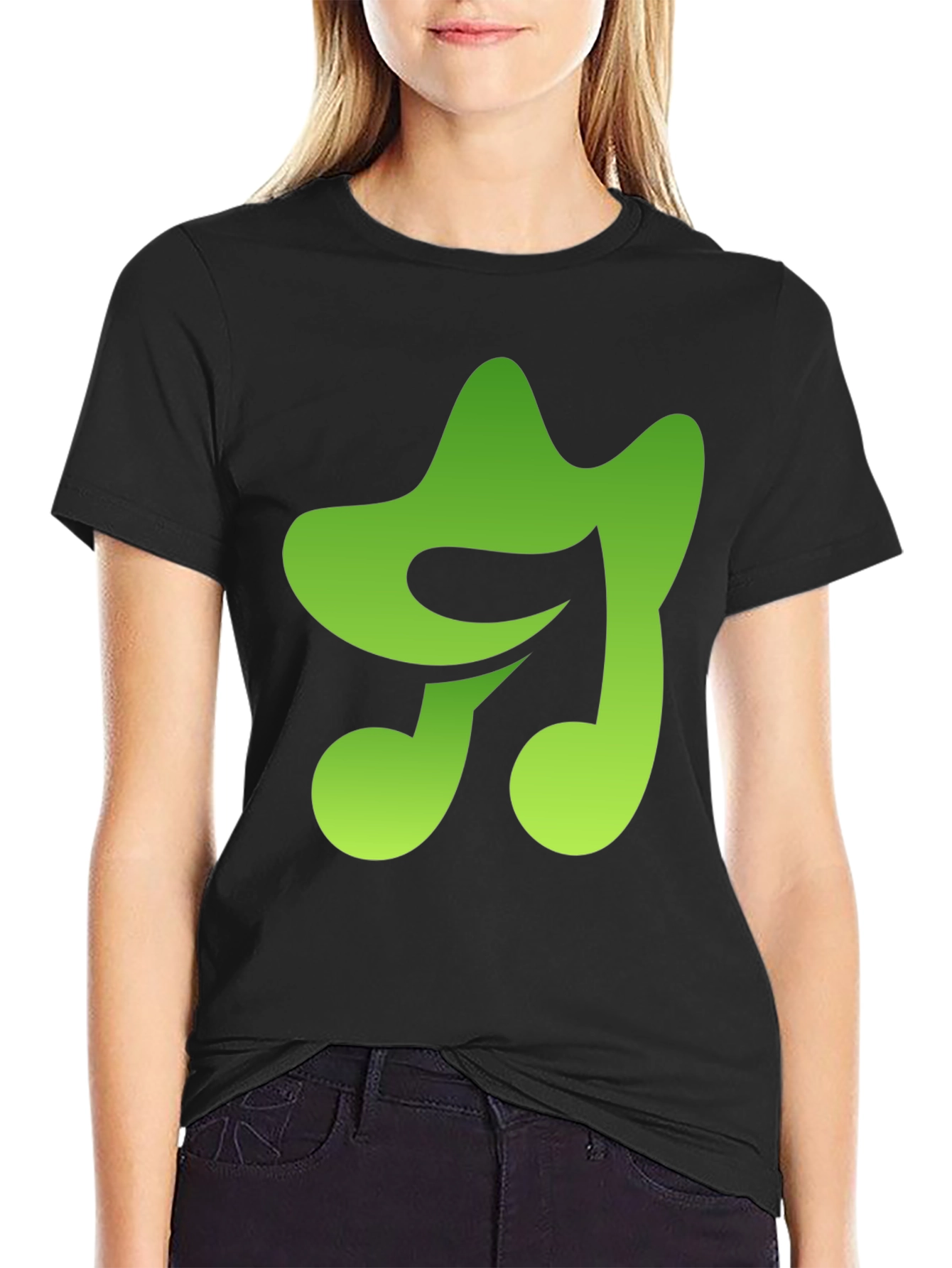 Green Music Note Graphic Black T-Shirt