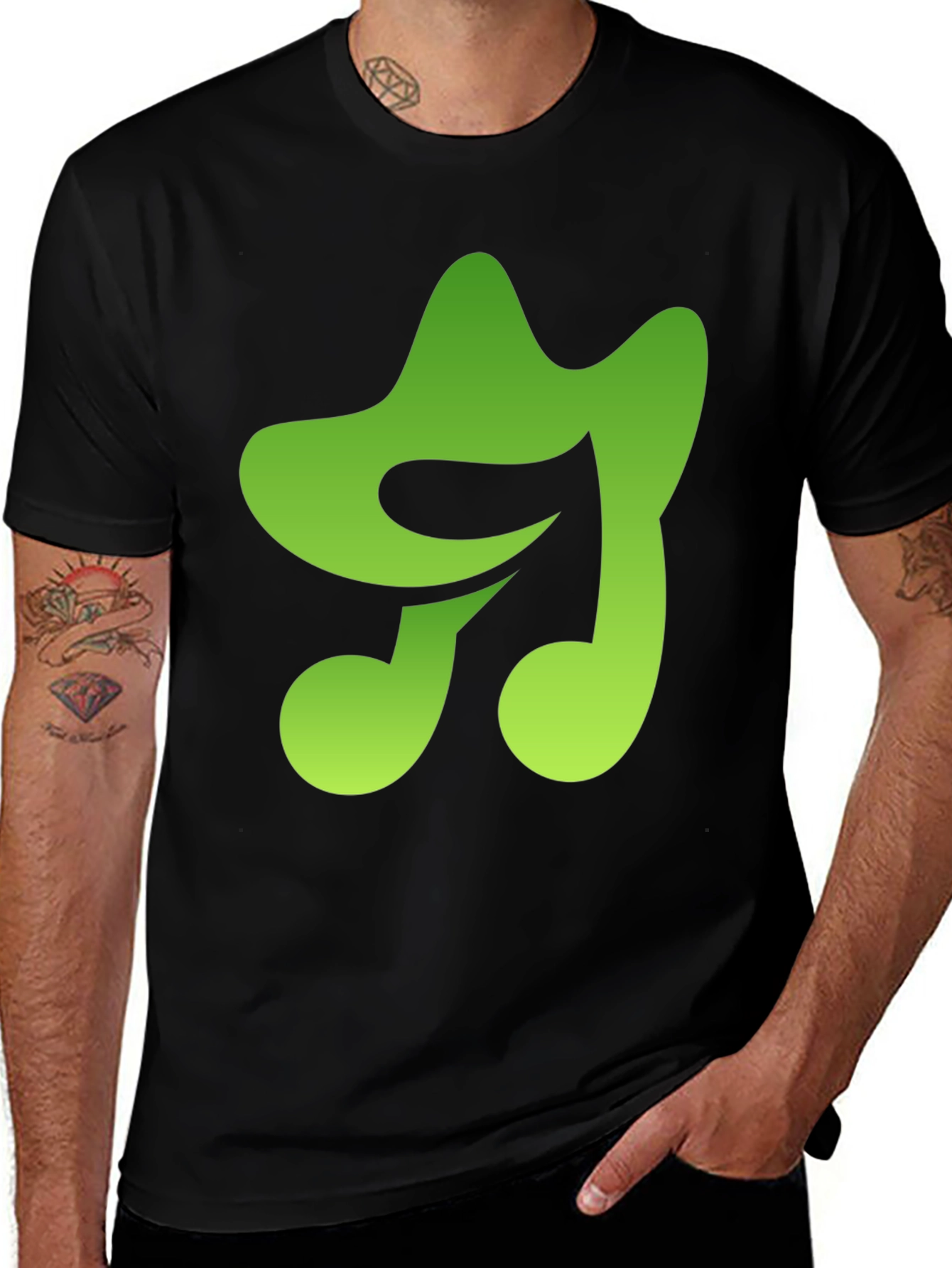 Green Music Note Graphic Black T-Shirt
