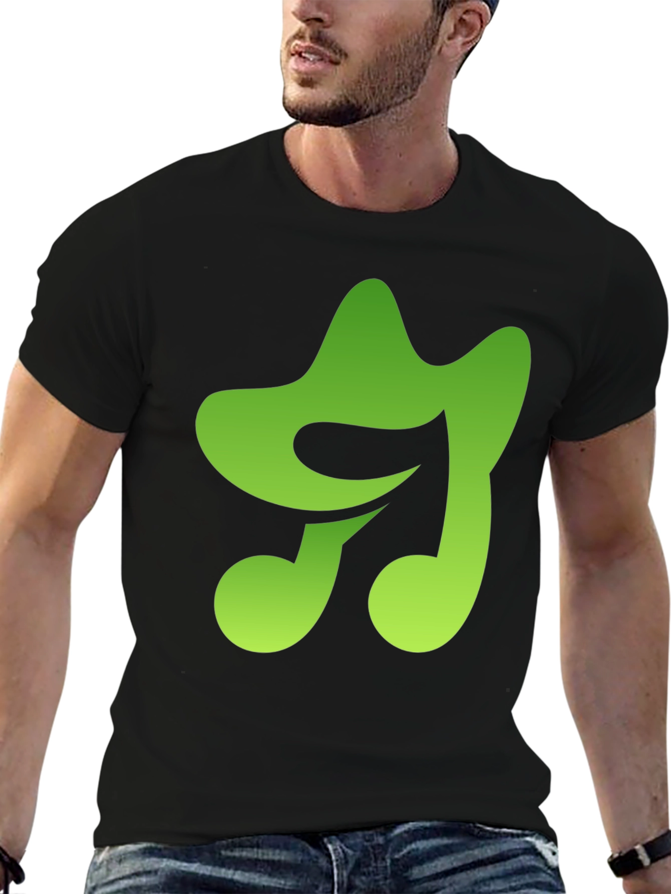 Green Music Note Graphic Black T-Shirt