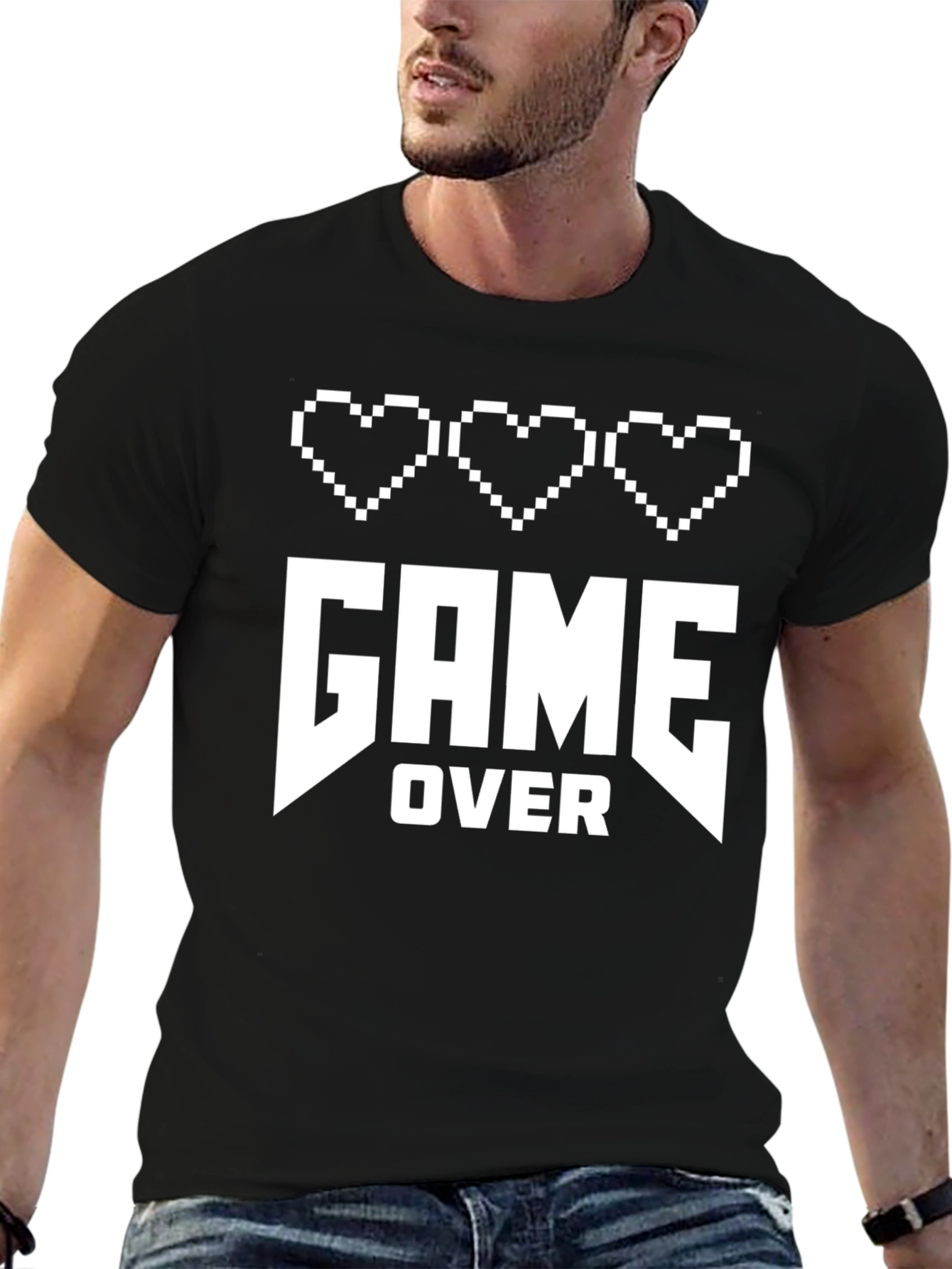 Game Over Pixel Heart Gamer T-Shirt - Black Cotton
