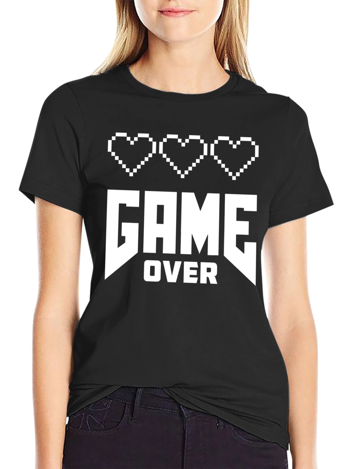Game Over Pixel Heart Gamer T-Shirt - Black Cotton