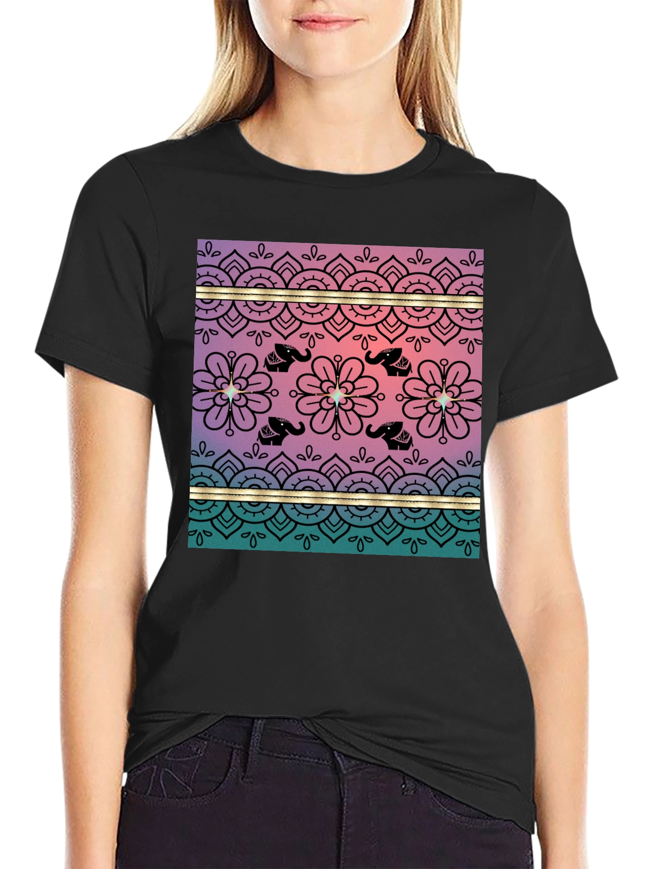 Elephant Mandala Print Tee - Soft Black Cotton Blend
