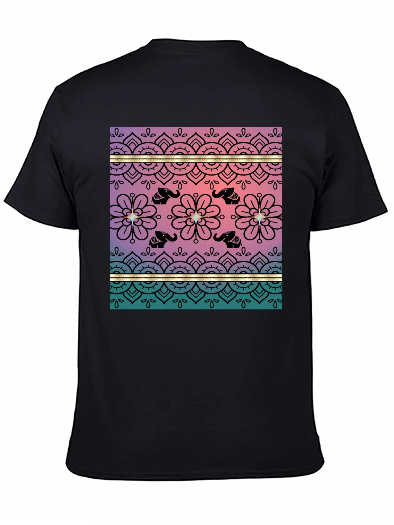 Elephant Mandala Print Tee - Soft Black Cotton Blend