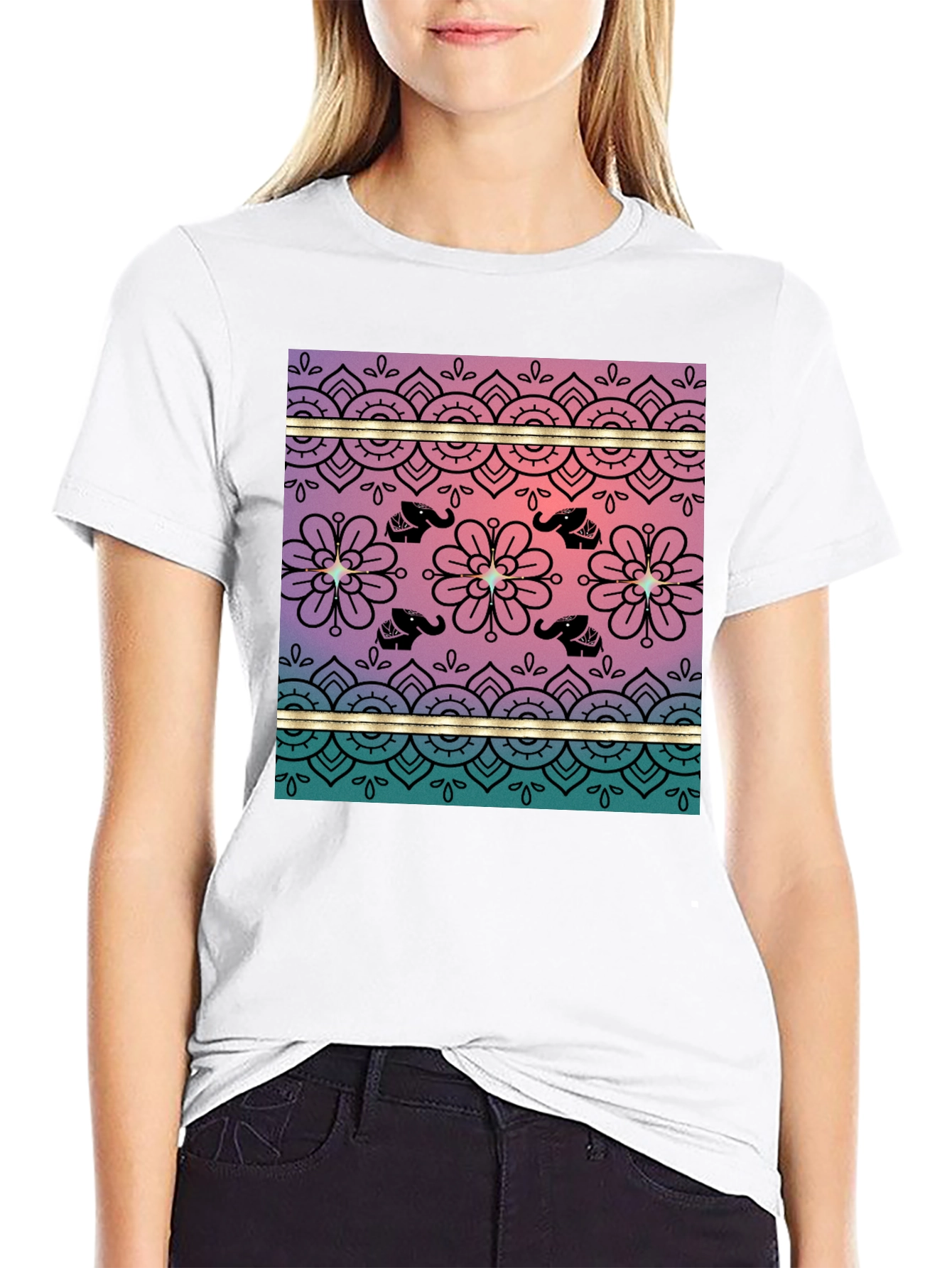Elephant Mandala Print Tee - Soft Black Cotton Blend