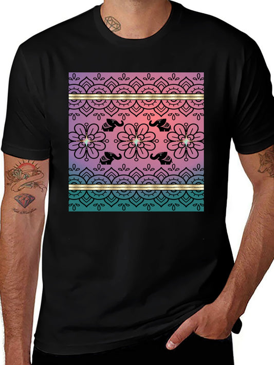 Elephant Mandala Print Tee - Soft Black Cotton Blend