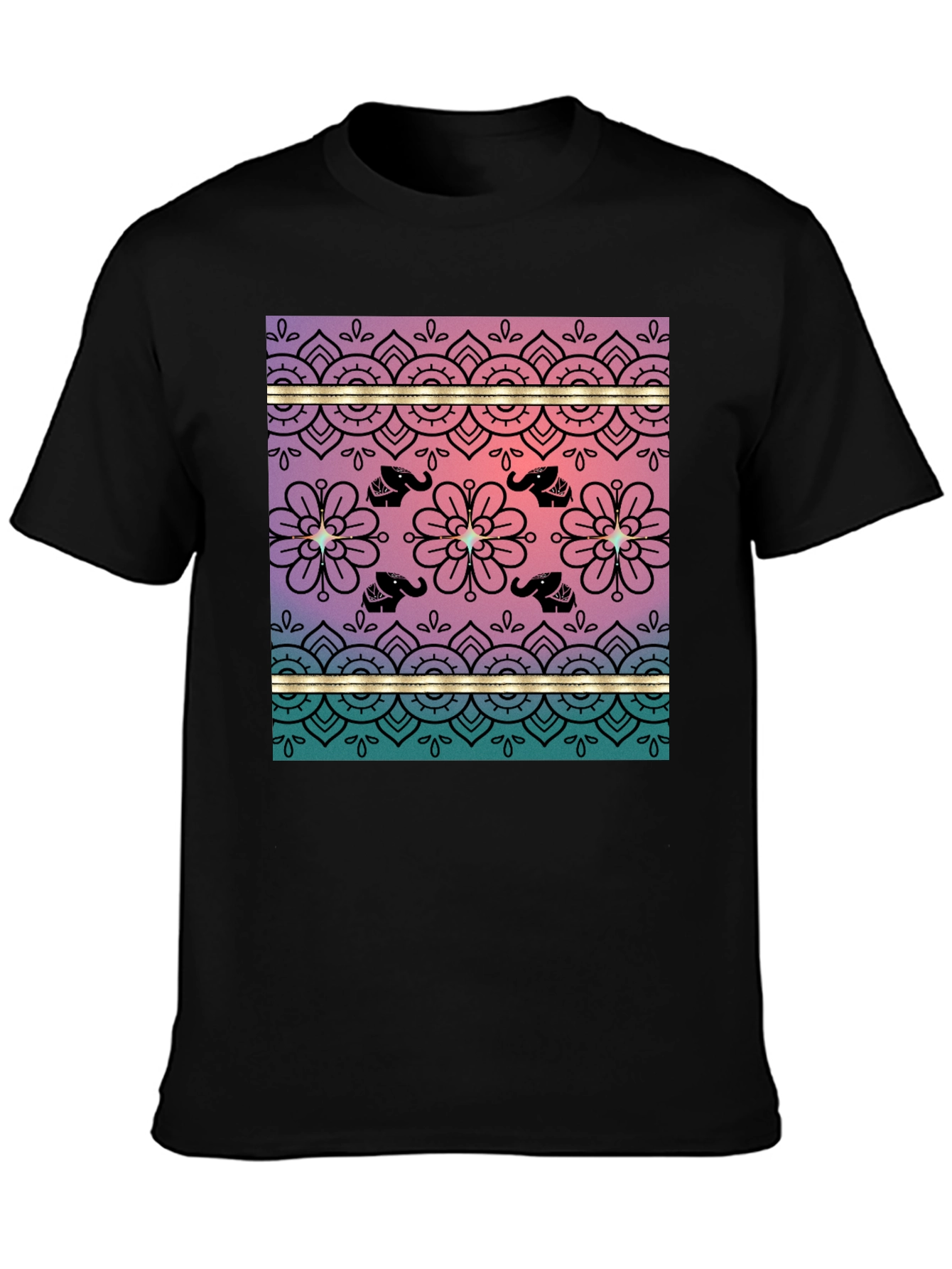 Elephant Mandala Print Tee - Soft Black Cotton Blend