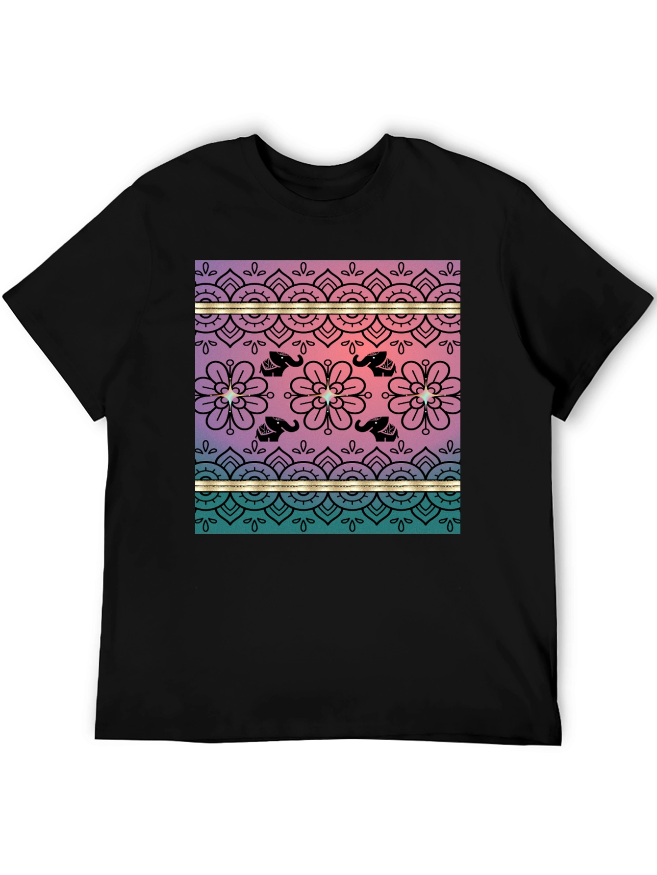 Elephant Mandala Print Tee - Soft Black Cotton Blend